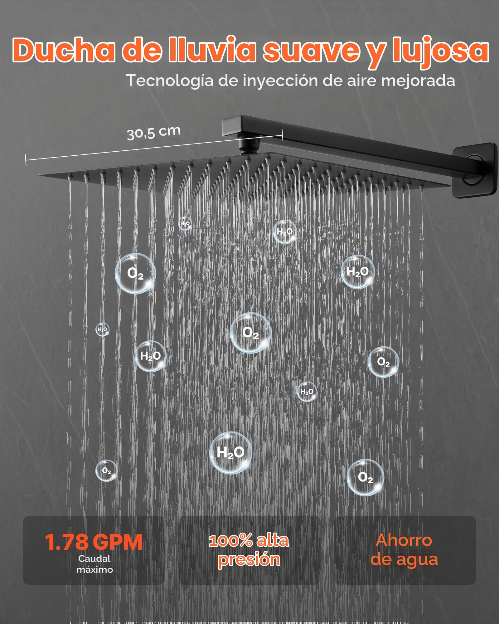 VEVOR Juego de Grifo de Ducha de Lluvia con Cabezal de Ducha Cuadrado de 30,5 cm y Rociador de Mano, Grifería de Baño de Pared con Válvula de Latón y Kit de Embellecedor, 6,7 L/min, Negro Mate