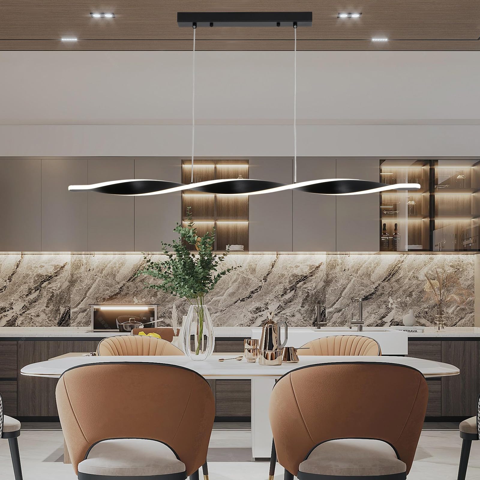 Pendelleuchte Esstisch Dimmbar mit Fernbedienung, Höhenverstellbar LED Hängelampe Esszimmerlampe Schwarz Modern Spirale Esstischlampe Pendellampe für Esszimmer Schlafzimmer Wohnzimmer Küche Büro