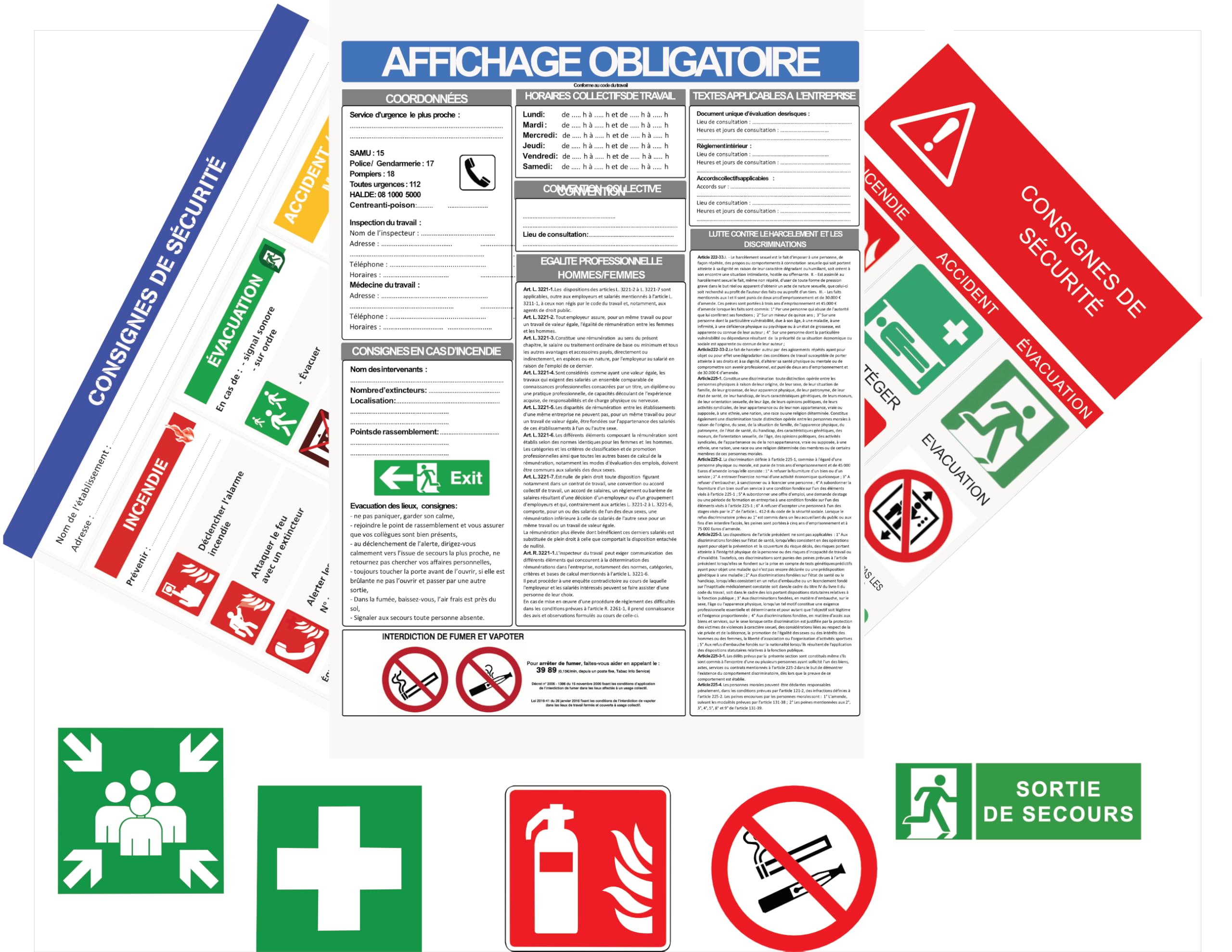 Lot 3 Pack Affichage Obligatoire Entreprise A3 + Consignes de Sécurité + Pictogrammes Sécurité 20x20 + Sortie de Secours 30x10 – Conforme Code du Travail – Vinyle Résistant