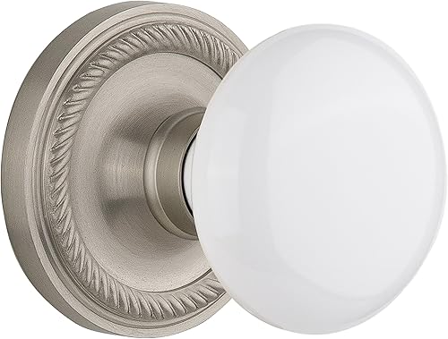 Nostalgic Roseta de cuerda de almacén con perilla de porcelana blanca, maniquí individual, níquel satinado (702136)