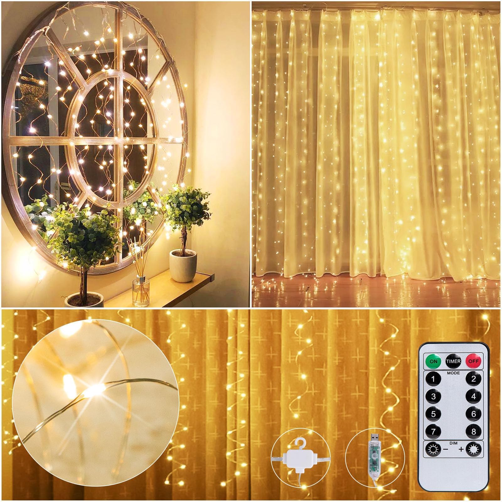 Brightown Curtain String Lights - 198 LED Window Light with Remote and Hooks, Fairy Lights with 8 Lighting Modes, USB Hanging Lights for Wedding, Party, Indoor Decorations