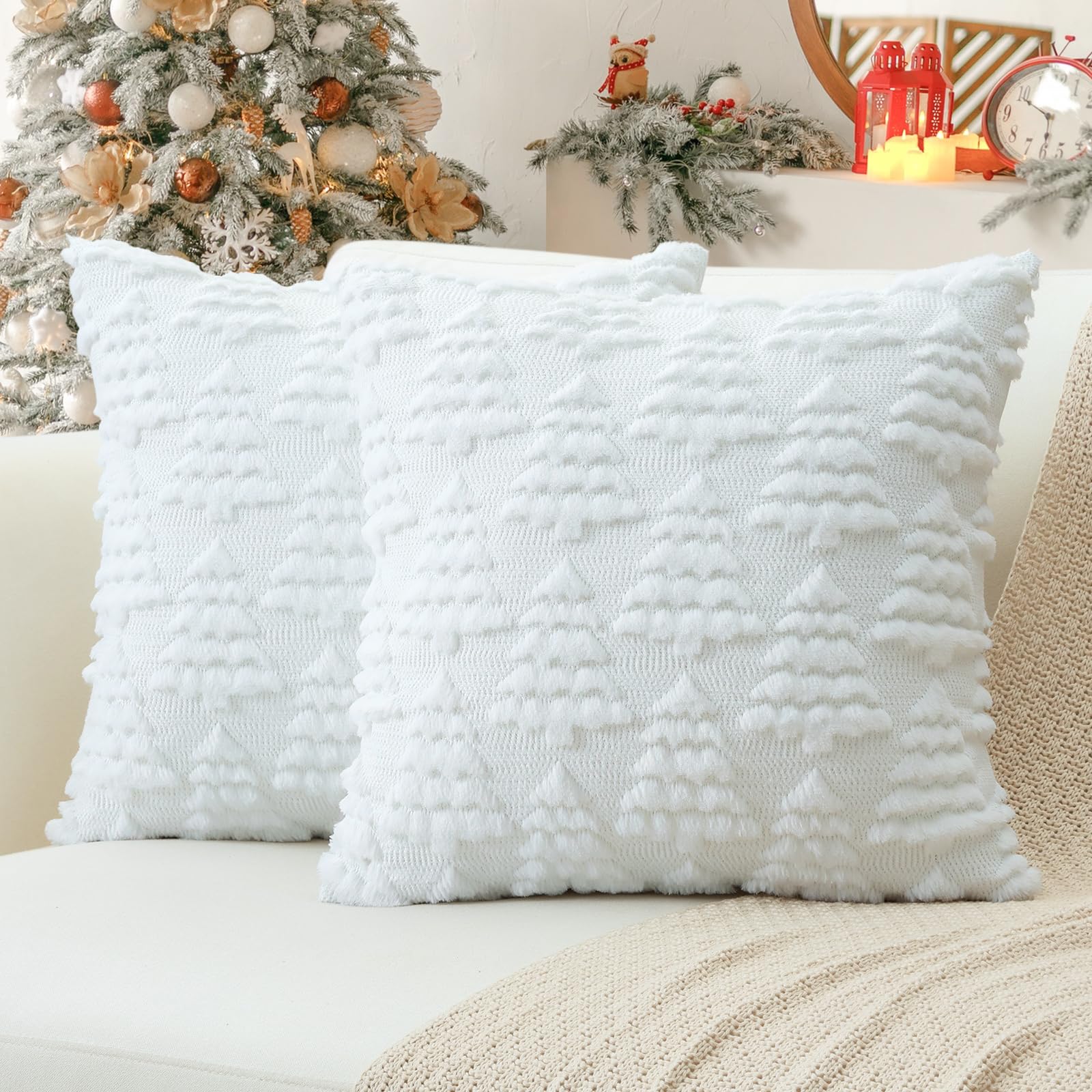 Sungeek Set of 2 Christmas Cushion Covers 50x50 cm, Soft Plush Faux Fur Christmas Tree Winter Holiday Xmas Decorative Square Throw Pillow Cover Cases for Sofa Couch Bed Living Room, White โ image 1