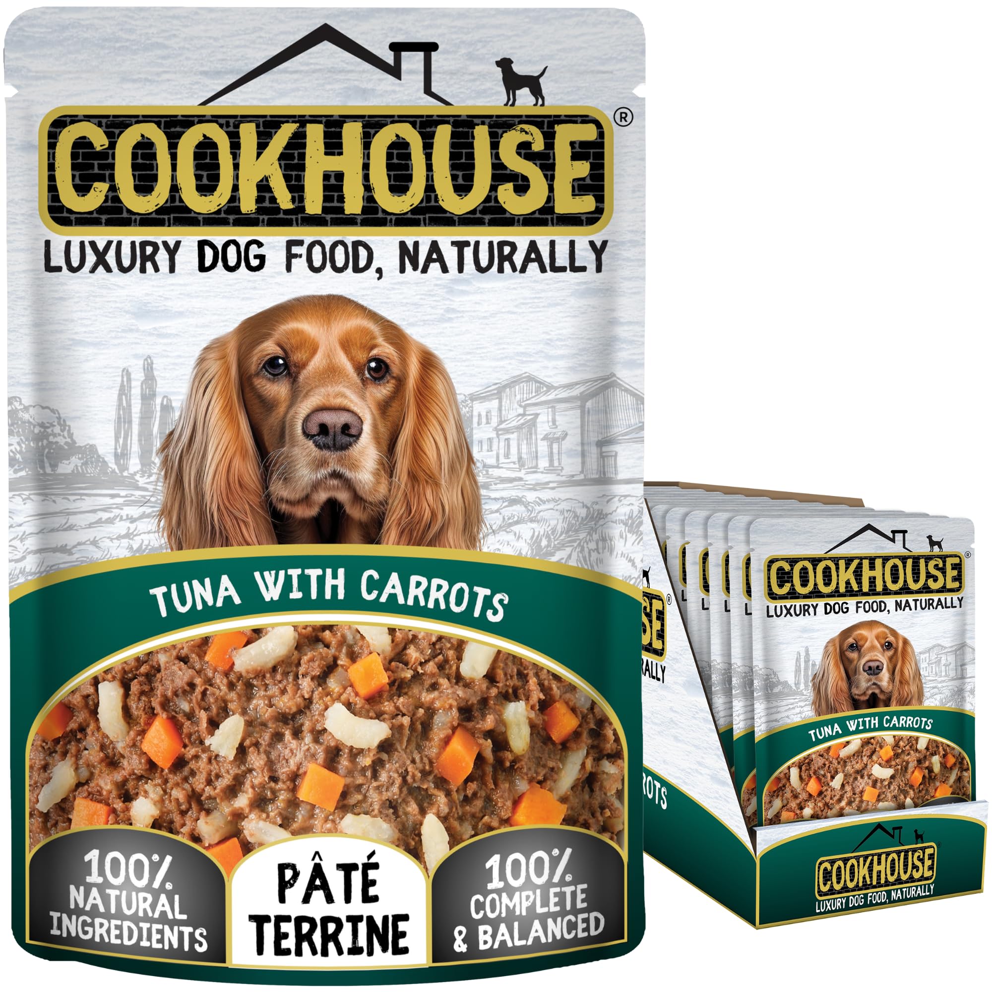 COOKHOUSE 100% Natural & Complete Luxury Wet Dog Food - 15 x 100g Pouches - Tuna with Carrots - Pate Terrine