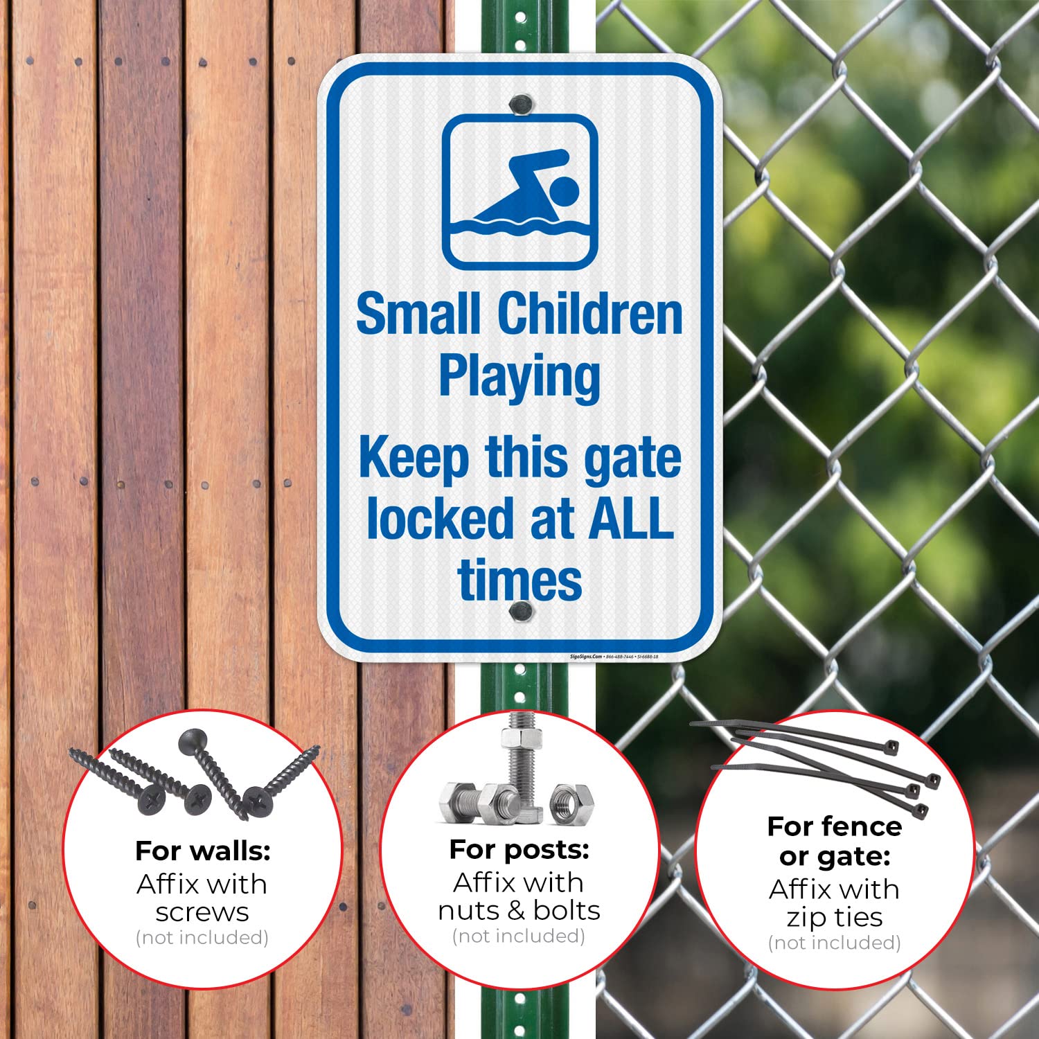 Small Children Playing Keep This Gate Locked at All Times Sign, Pool Sign, 12x18 Inches, 3M EGP Reflective .063 Aluminum, Fade Resistant, Indoor/Outdoor Use, Made in USA by Sigo Signs