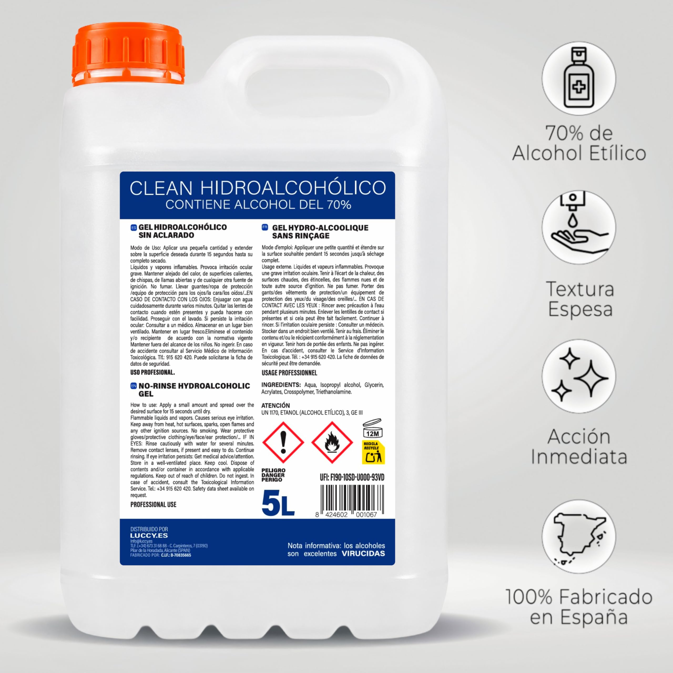 Gel Hidroalcohólico 5 litros | Loción Desinfectante de Manos Garrafa de 5 Litros | 70% Alcohol