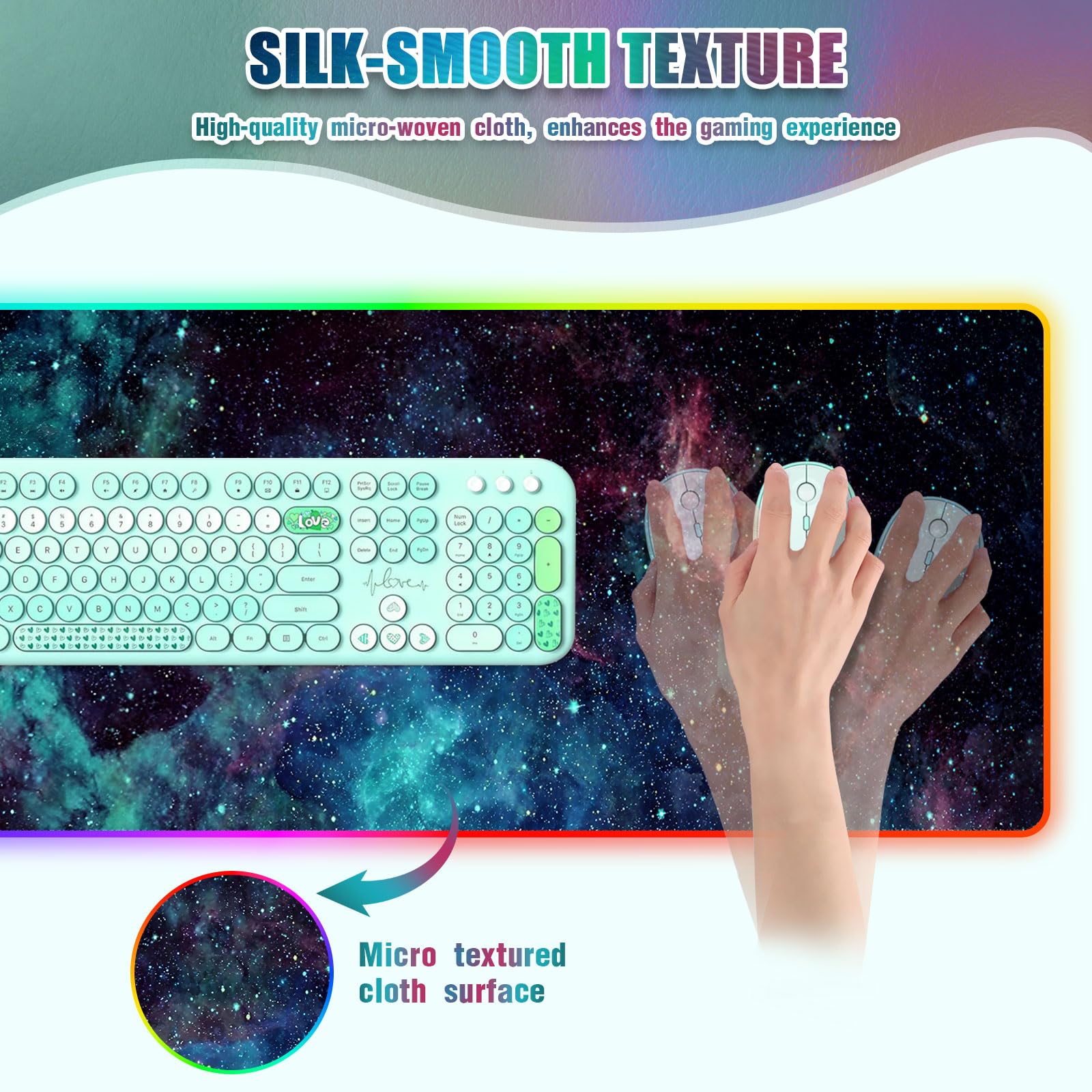 Tapis de souris RVB LED I 80 x 30 cm Grand tapis de souris surdimensionné 14 modes d'éclairage LED Base en caoutchouc antidérapante Tapis de clavier imperméable pour jeux sur PC Nébuleuse stellaire