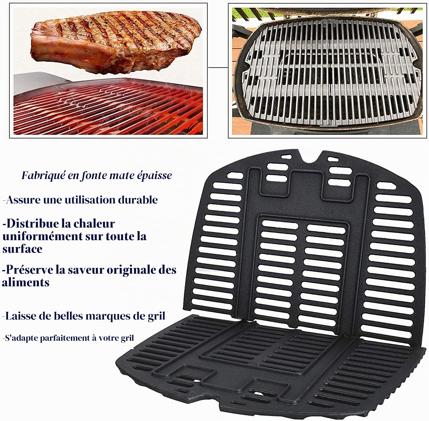 GFTIME Grille de Cuisson en Fonte pour Weber Q200 Q220 Q2000 Q2200 - 27.3 x 38.8cm - Accessoire de Rechange pour Gril à Gaz 65811 - Paquet de 2