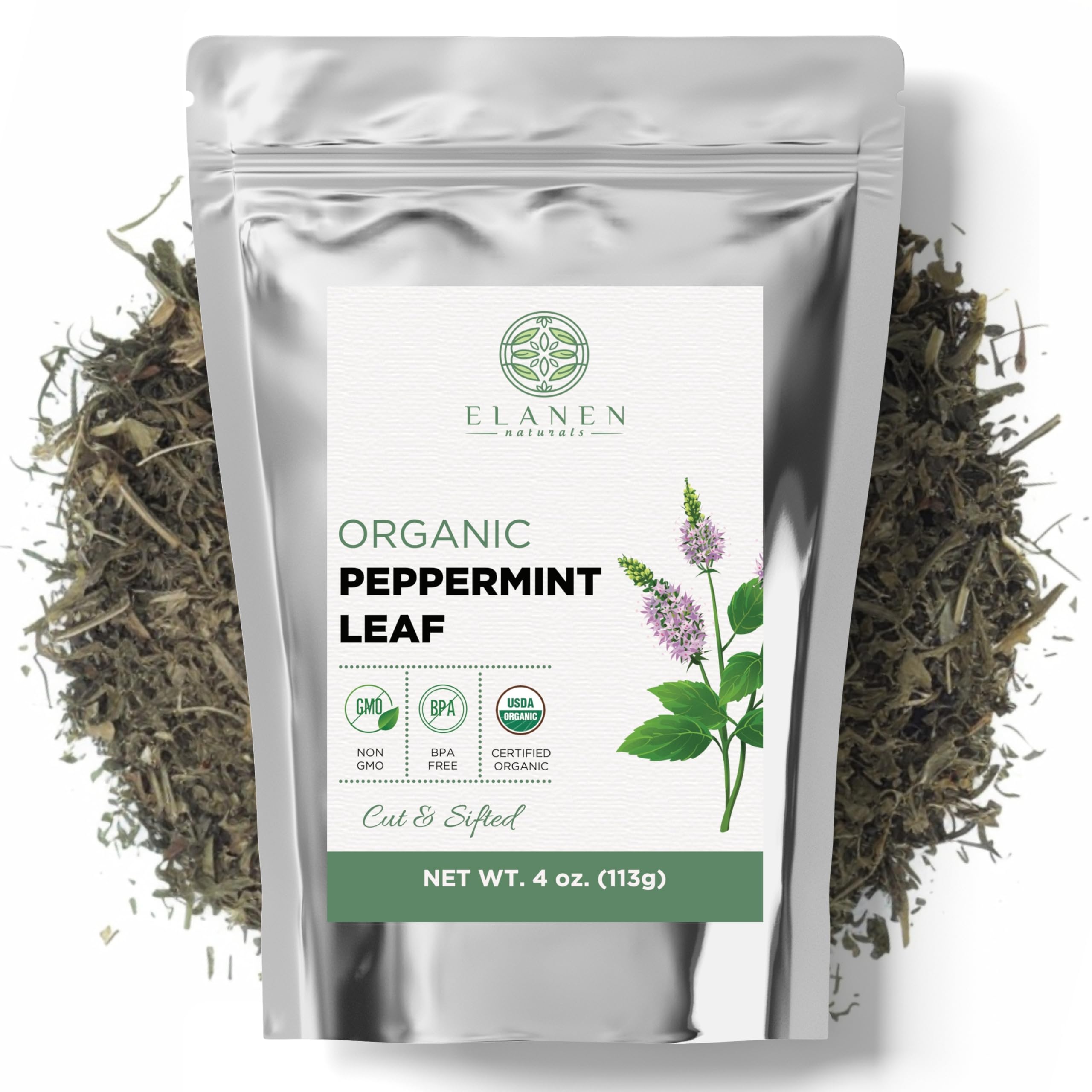 Elanen Naturals Organic Peppermint Leaves 4 oz. (113g), USDA Certified Organic Peppermint Tea Loose Leaf, Dried Mint, Dry Mint Tea Bulk, Cut & Sifted