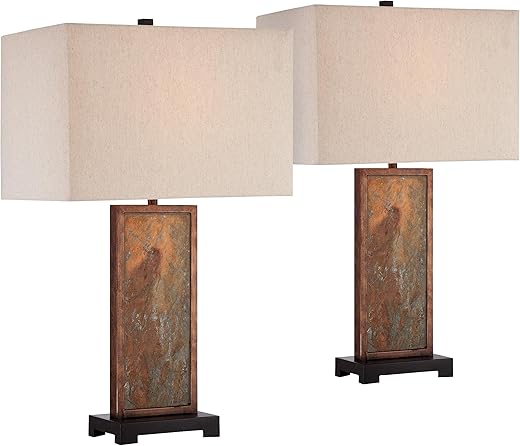 Franklin Iron Works Yukon Modern Rustic Style Table Lamps 30" Tall Set of 2 Natural Slate Stone Dark Bronze Rectangular Box Shade Decor for Living Room Bedroom House Bedside Nightstand Home Office