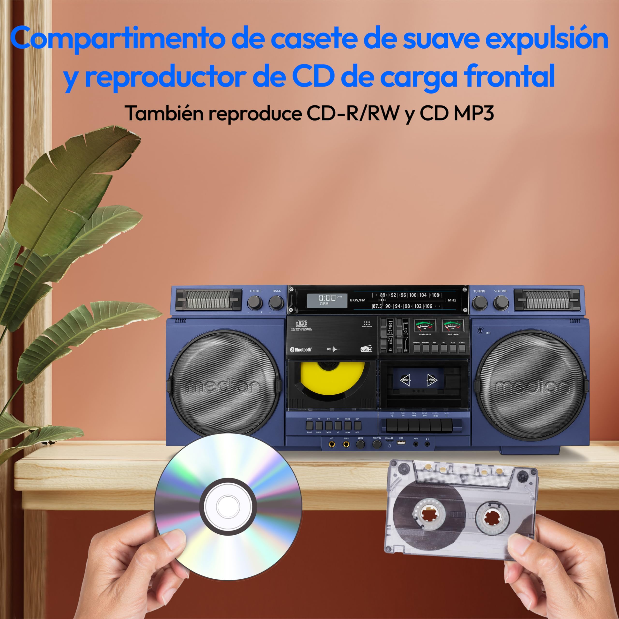 MEDION P66538 Reproductor de Casete (Retro Ghettoblaster con Reproductor de CD, años 80, Grande, USB, SD, CD, Casete MC, Antena telescópica de Radio Dab+, Bluetooth, pletina de Casete