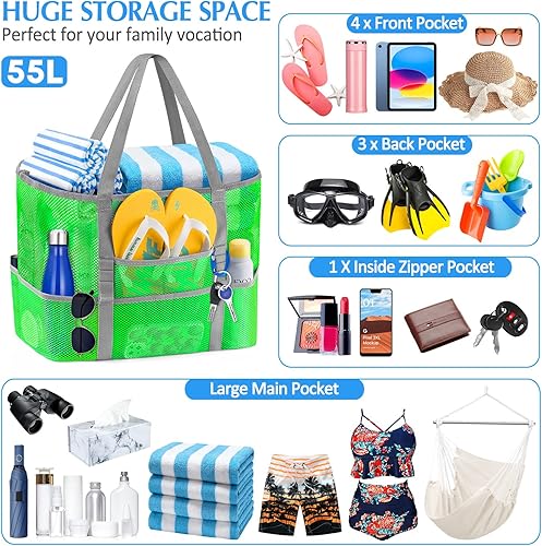 Miniatura 2 de Ayieyill Bolsa de playa de malla para mujer, bolsa de playa plegable grande con bolsillos con cremallera, impermeable, a prueba de arena