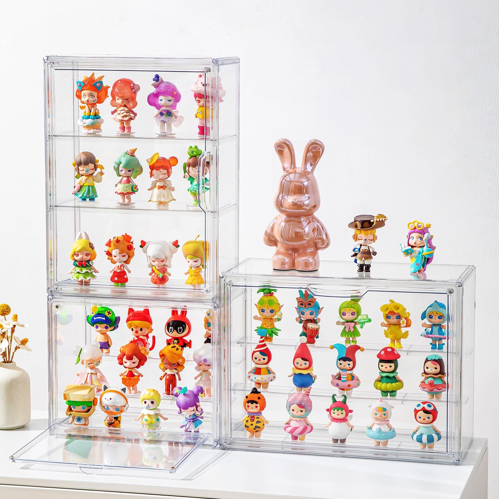 Confezione da 2 vetrine acriliche da collezione, vetrina trasparente in miniatura per figurine, montaggio a parete o scrivania, organizer per armadio a 3 livelli, vetrina a