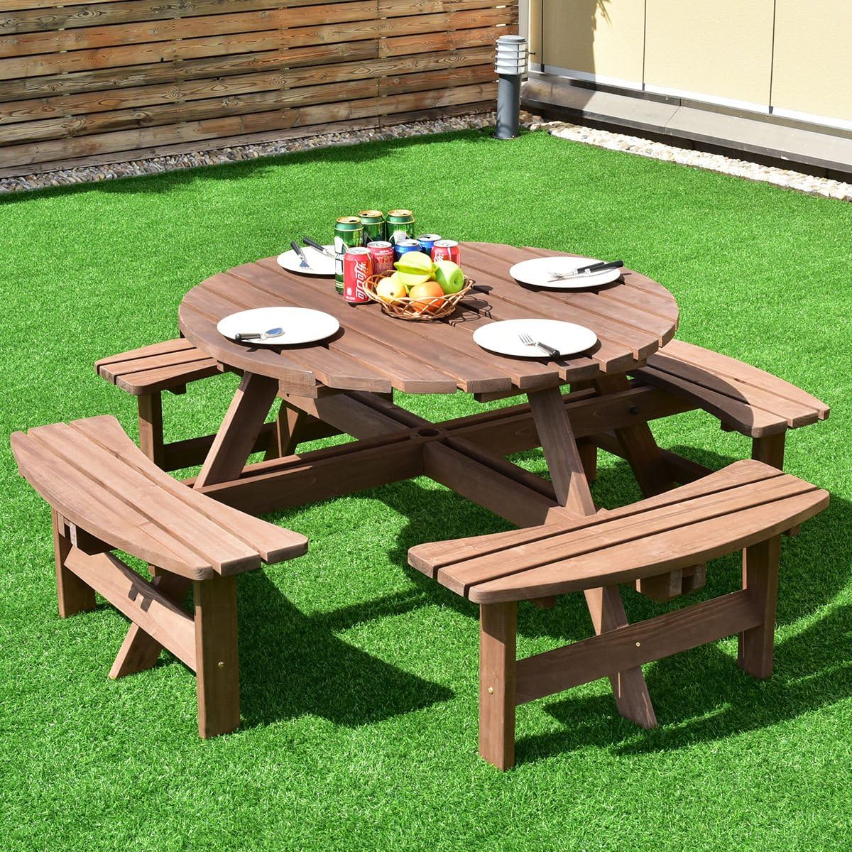 Giantex Wooden Picnic Table Set with Wood Bench, 4 Adults or 8 Kids Outdoor Round Table with Umbrella Hold Design, Perfect for Outdoor Garden Yard Pub Beer Dining, Dark Brown : Patio, Lawn & Garden