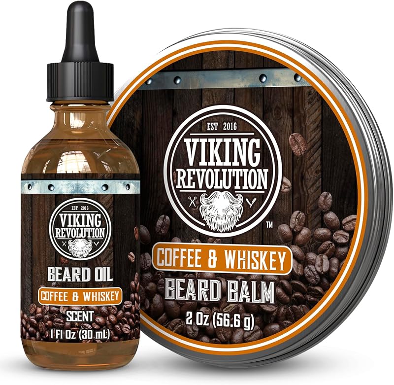 Paquete de bálsamo y aceite para barba Viking Revolution - Whisky de café | Incluye bálsamo para barba de 2 oz y aceite para barba de 1 fl oz - Formulado con aceites de argán y jojoba - Suaviza e hidrata - Gran regalo