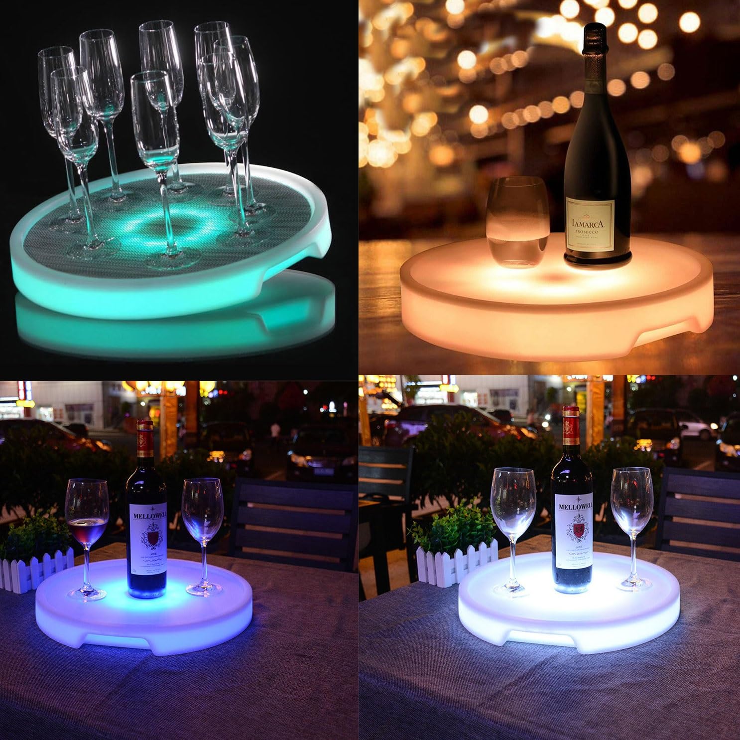 Bandeja de servir con luz LED, plástico impermeable recargable, bandeja redonda con control remoto para fiestas, discotecas, karaoke, 16 opciones de color