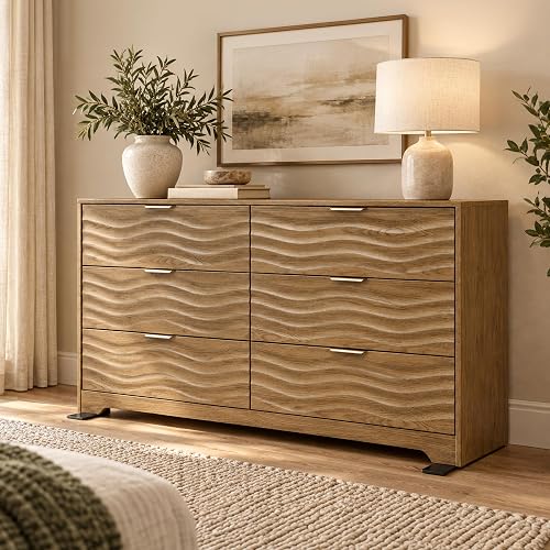 MALOL 55" Wide Coastline Fluted 6 Drawers Dresser for Bedroom,Walnut