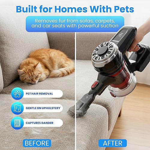 Miniatura 5 de Aspiradora inalámbrica, color rojo, 45 minutos de funcionamiento, faros LED, 2 velocidades, tubo telescópico con cepillo de vacío principal,