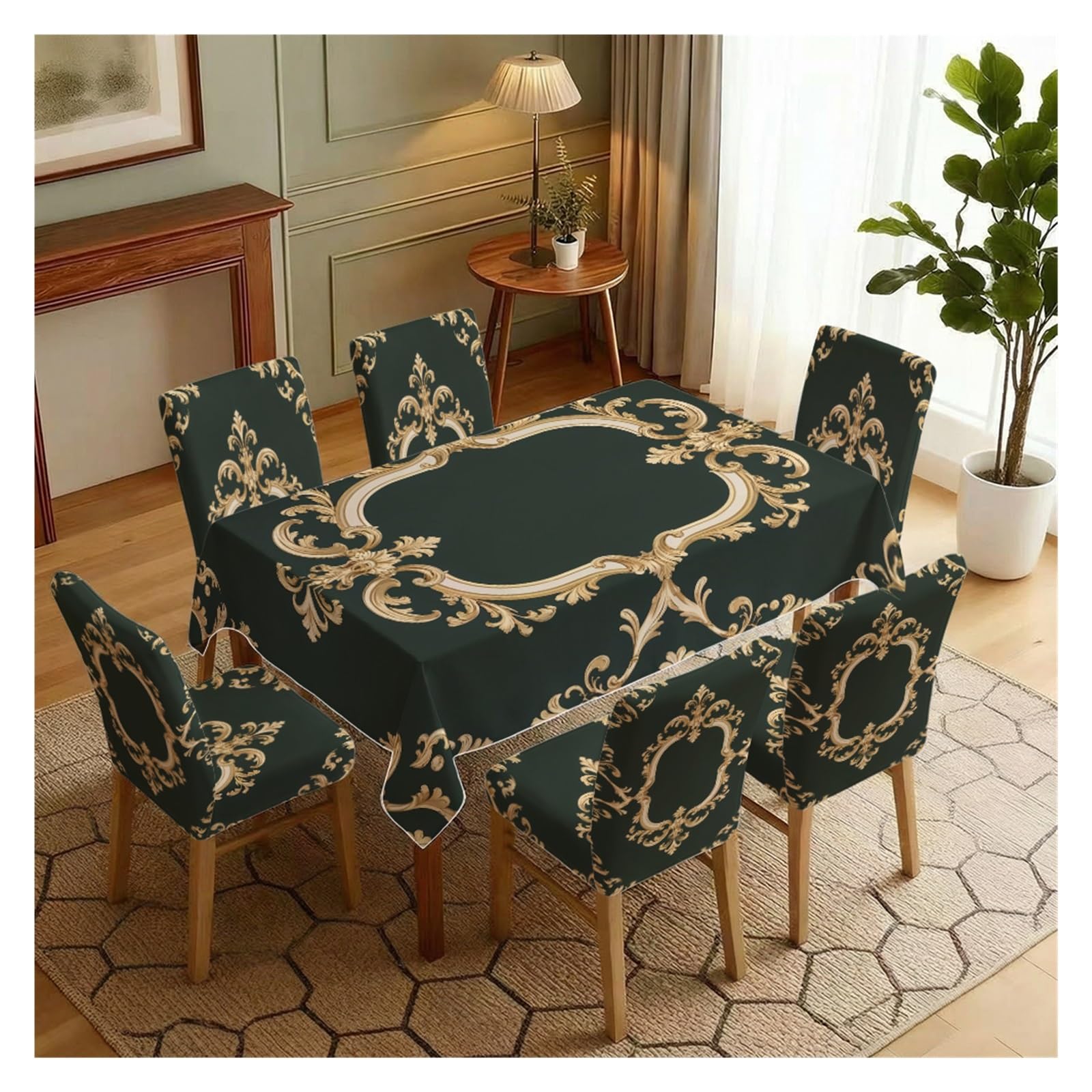 KXUAUV Dark Green & Gold Baroque Print Tablecloth & Chair Covers Set, Slipcovers For Dining Room, Kitchen, Wedding & Luxury Decor, 5/7 Pack Party Decor(7pcs Set: Tablecloth+Chair Covers)