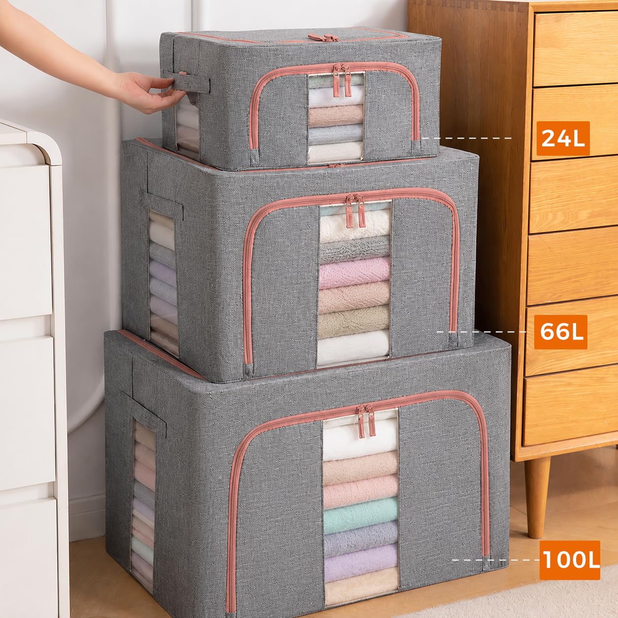 3 contenitori per vestiti, 66 l, grigi, con struttura in metallo, pieghevoli, in tessuto, organizer per vestiti, con aperture impilabili, con coperchio, finestre trasparenti, cerniere, manici