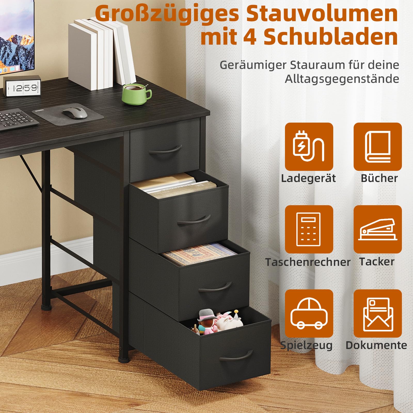 Somdot Schreibtisch, 4 Stoffschubladen Links oder rechts, 100x48 cm Schwarz