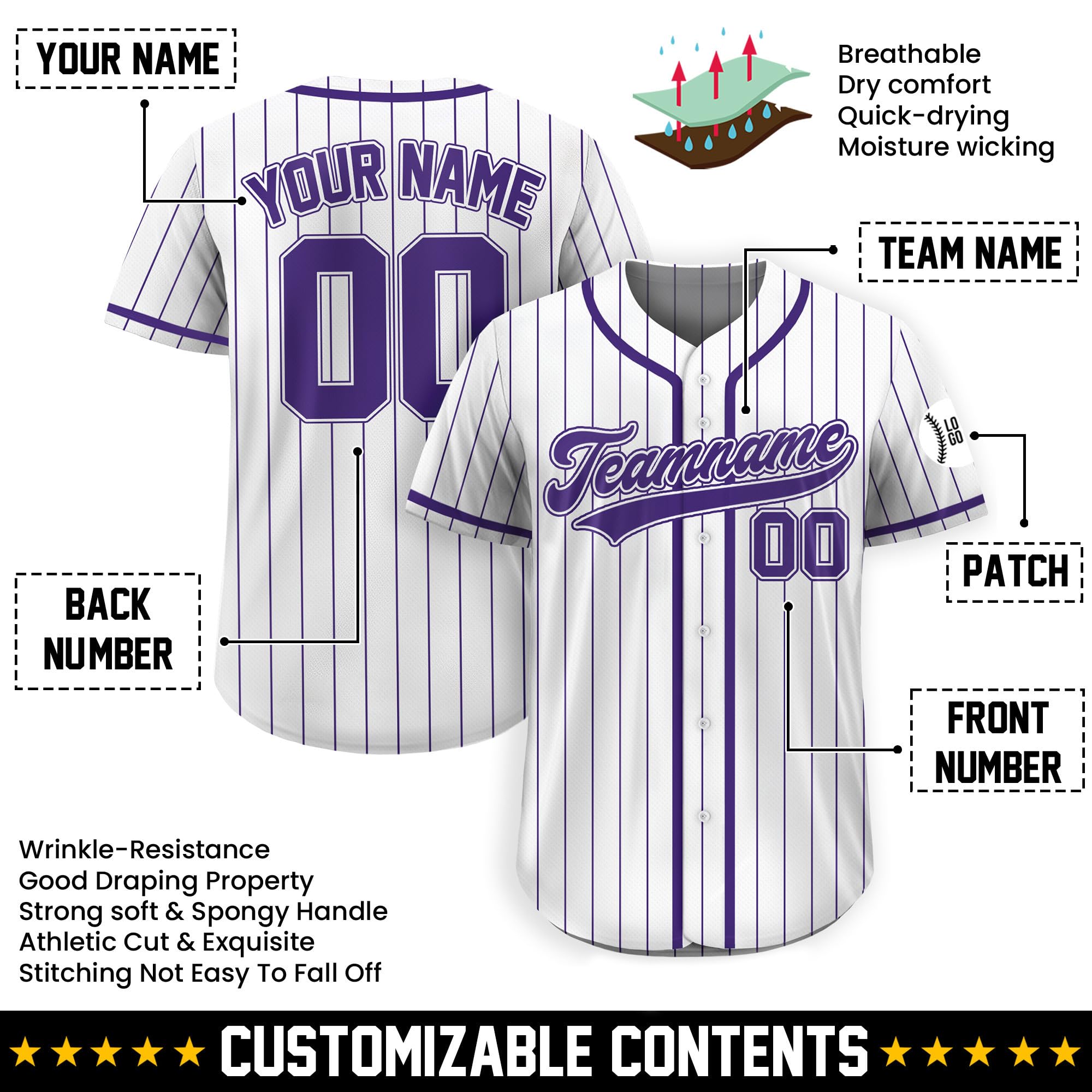 Custom Pinstripe Baseball Jersey – Personalized Name, Number & Logo, Pinstripe White Purple Button Up Jersey for Men, Women, Youth, Toddlers