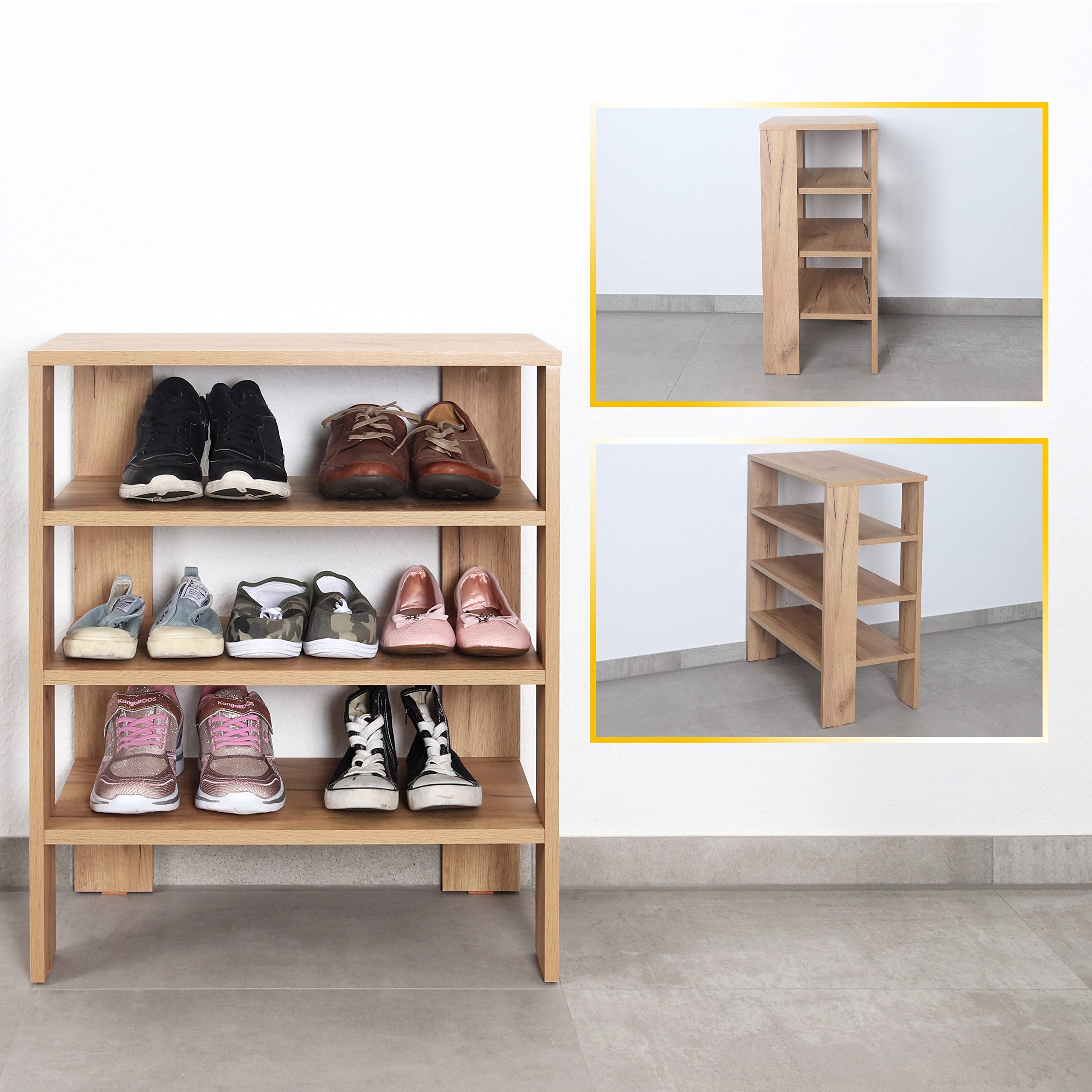 RICOO Schuhregal schmal platzsparend WM039-EG Shoe Rack Schuhschrank mit 3 Ebenen Schuh Regal Holz Schuhständer Standregal Flur Schuhablagen Eiche-Gold