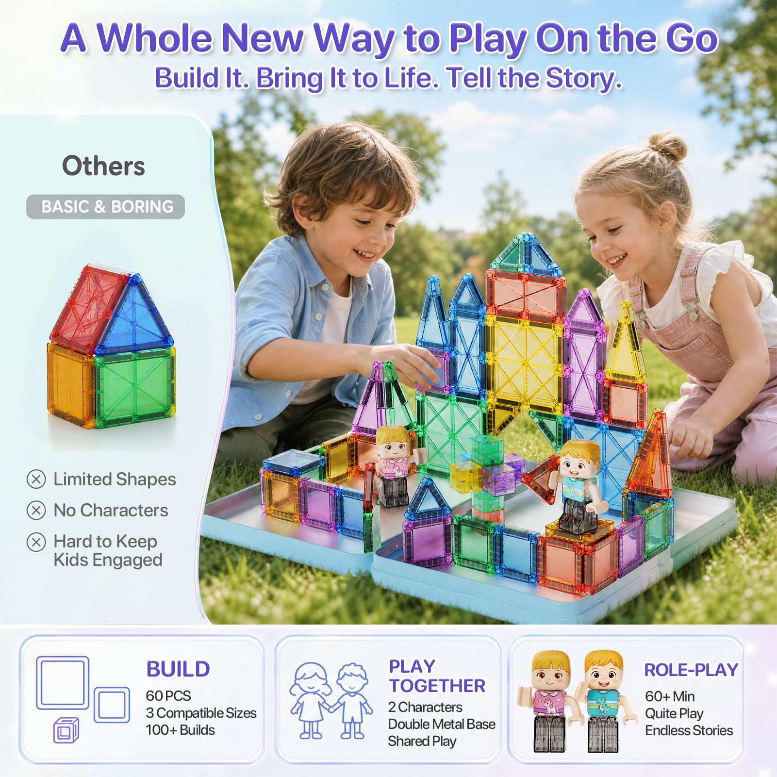 Set da viaggio con 60 mattoncini magnetici per bambini dai 3