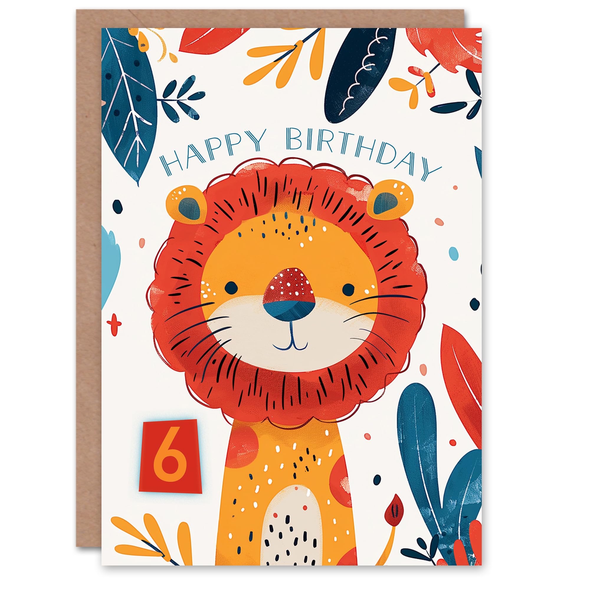 Artery8 Birthday Card Cute Jungle Lion Bright Cartoon Drawing 6th 6 Year Old For Child Kids Son Daughter Greeting Card