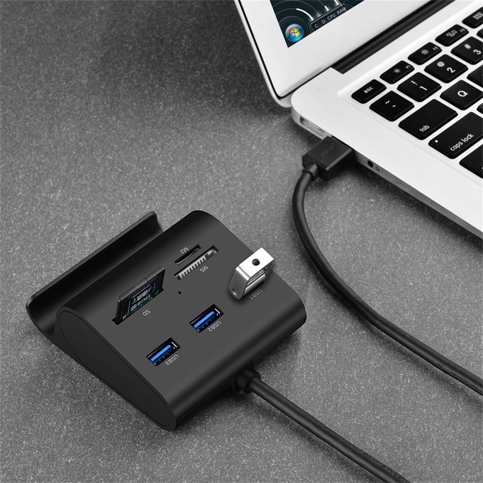 UGREEN Hub USB 3.0 con Cavo Lungo 1 Metro, Slot di Lettore Schede SD/TF/MS/M2, Porta di Alimentazione 5V/2A, Design a Supporto Cellulare da Tavolo