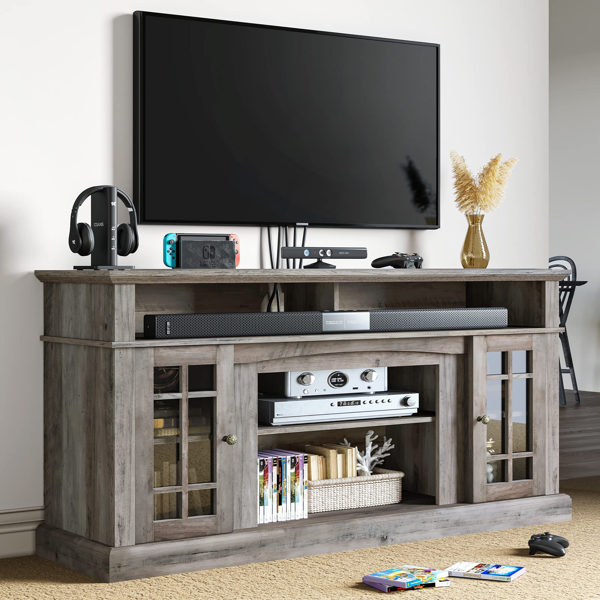 YITAHOME Farmhouse TV Stand for TV up to 65 Inch, Highboy Traditional Media Entertainment Center Console Table w/Adjustable Storage Shelves &Cabinet Glass Door for 400lbs for Living Room, Rustic Gray