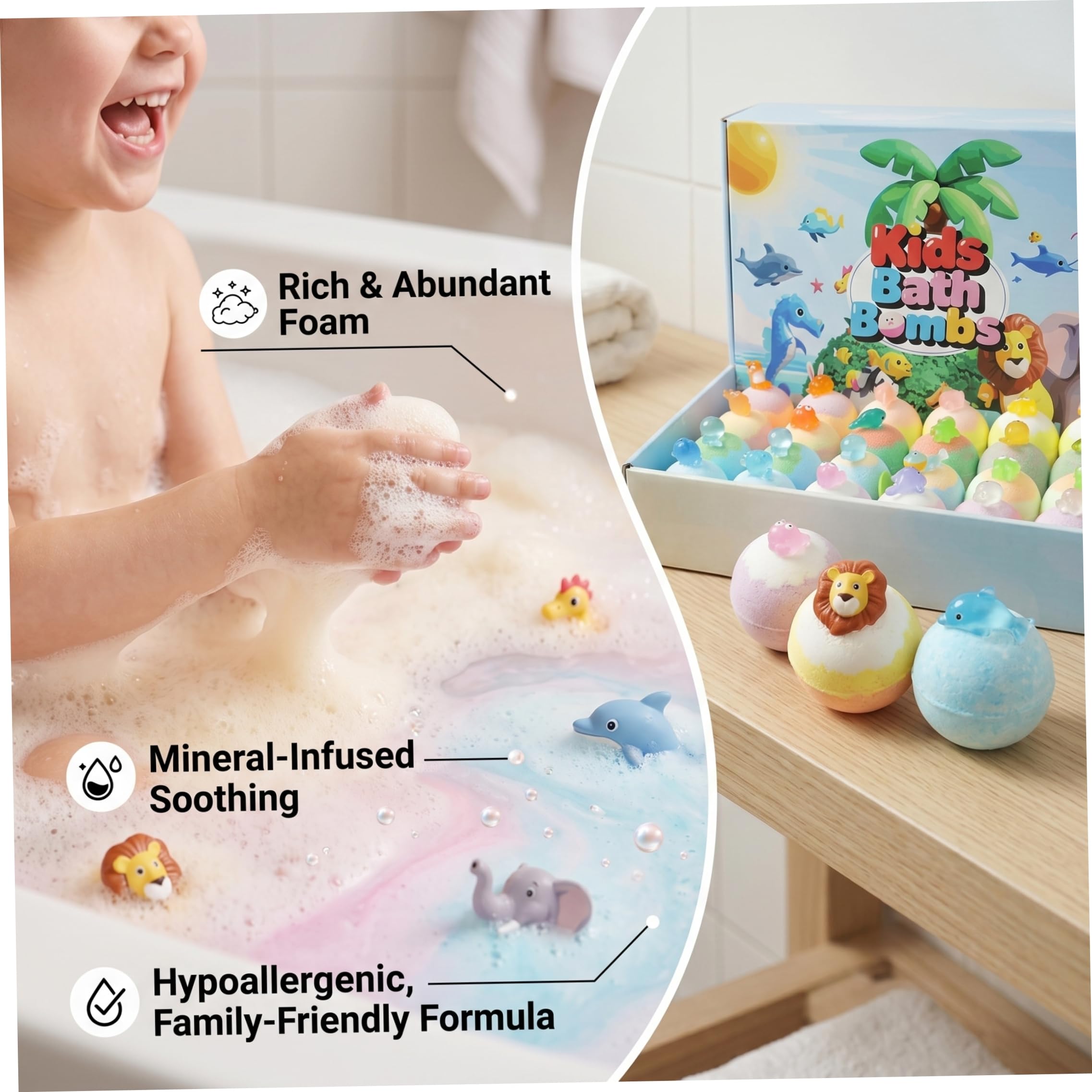 Lot de 24 bombes de bain surprise en forme d'animaux qui brillent dans le pour enfants – Bombes bain pour enfants avec jouets à l'intérieur pour s'amuser à l'heure du, 60 g