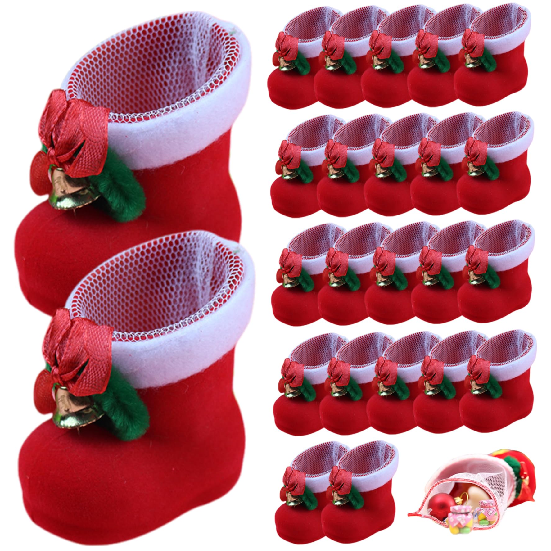 Christmas Ornaments Set 24Pcs Mini Red Boots Christmas Candy Bags Decorations Bags Lovely Treat Plush Boots Goodies Bag for Wedding Ornaments