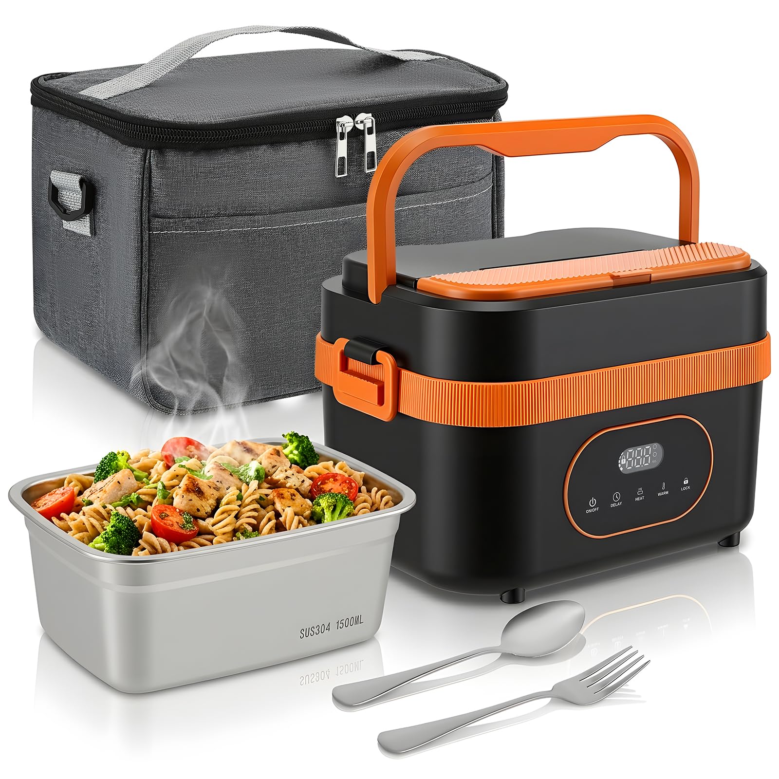 Fiambrera Eléctrica 18000mAh, 1,5L Calentador de Comida Portatil Acero Inoxidable, Lonchera Electrica Trabajo con Bolsa Térmica y Cubiertos Comida Caliente, Lunch Box para Viajes Oficina Camión