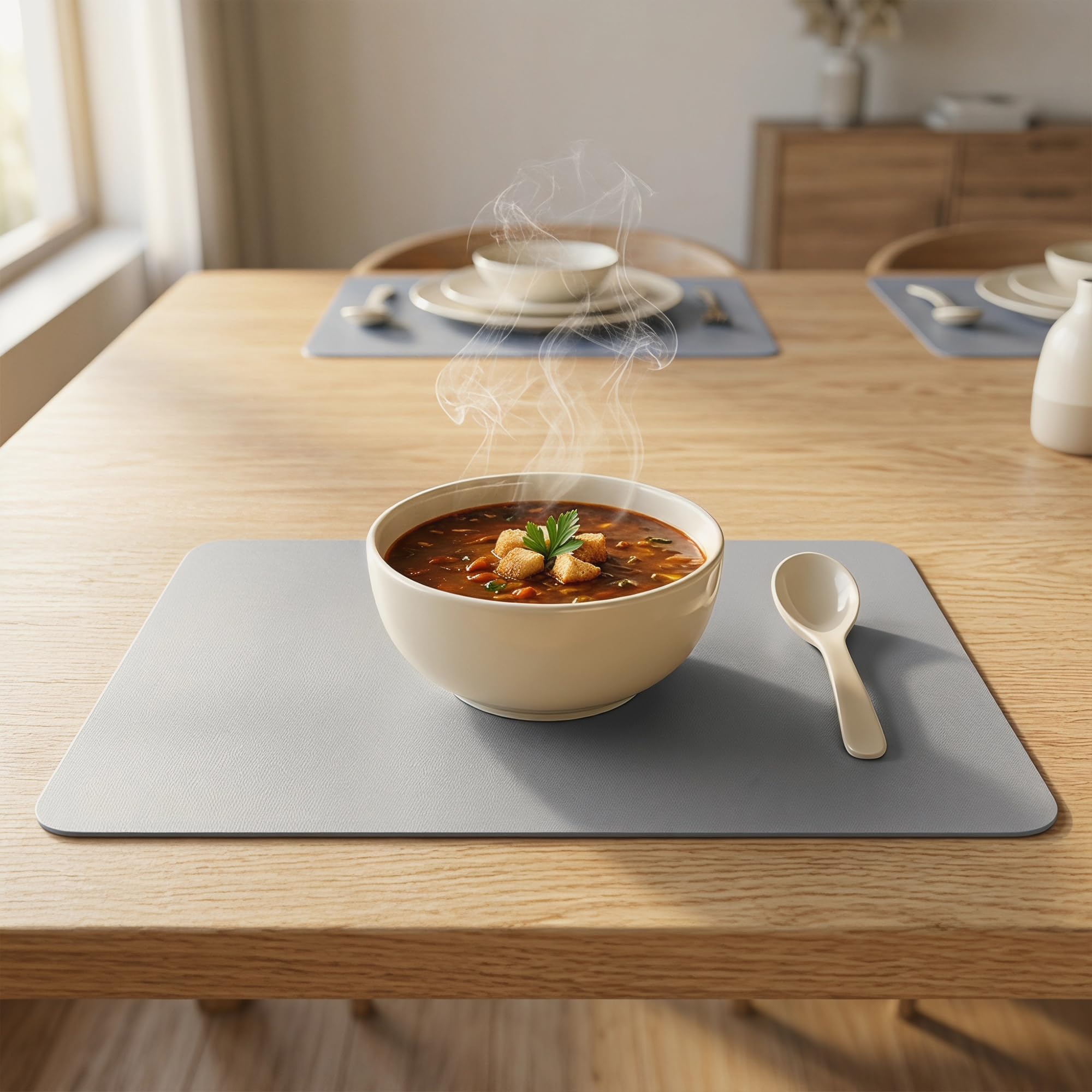 Confezione da 6 tovagliette in ecopelle per cucina, tavolo da pranzo, lavabili, resistenti al calore, tovagliette lavabili 43,2 x 30,5 cm, grigio chiaro