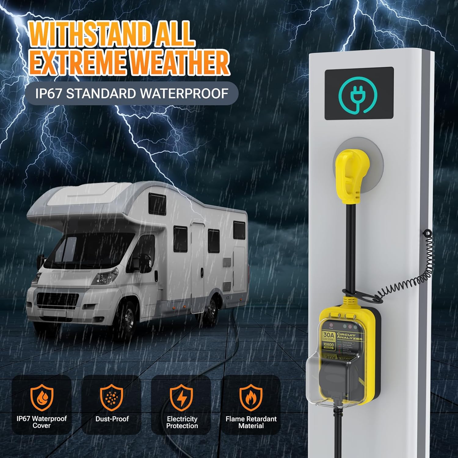 RV Surge Protector, 30 Amp 10800 Joules RV Circuit Analyzer Full Protection, IP67 Waterproof RV Adapter Plug for Camper