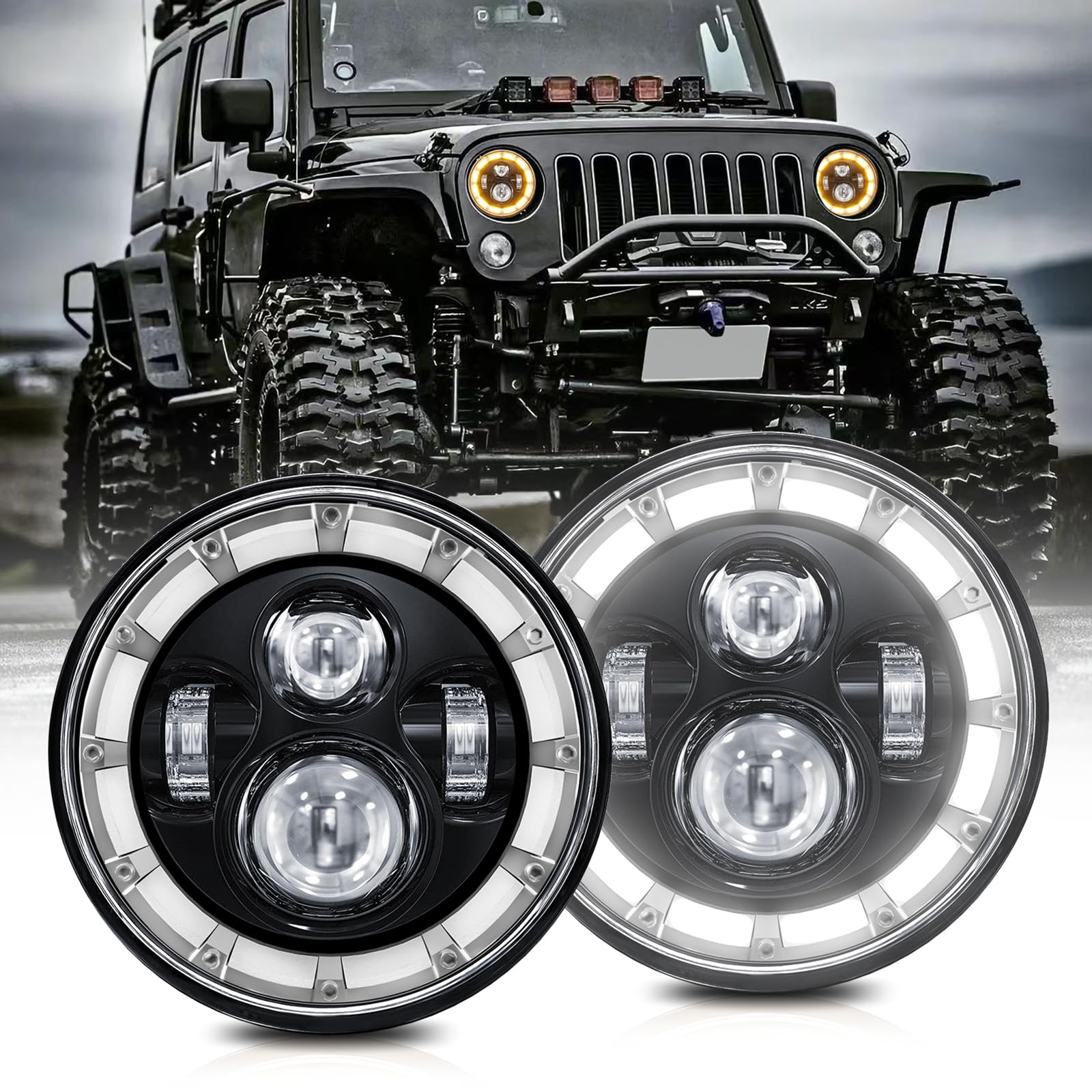 2 PCS Fari LED Rotondi 7 Pollici per Auto e Moto Impermeabili con Fascio Alto e Basso DRL e Frecce Integrate Sostituzione Universale