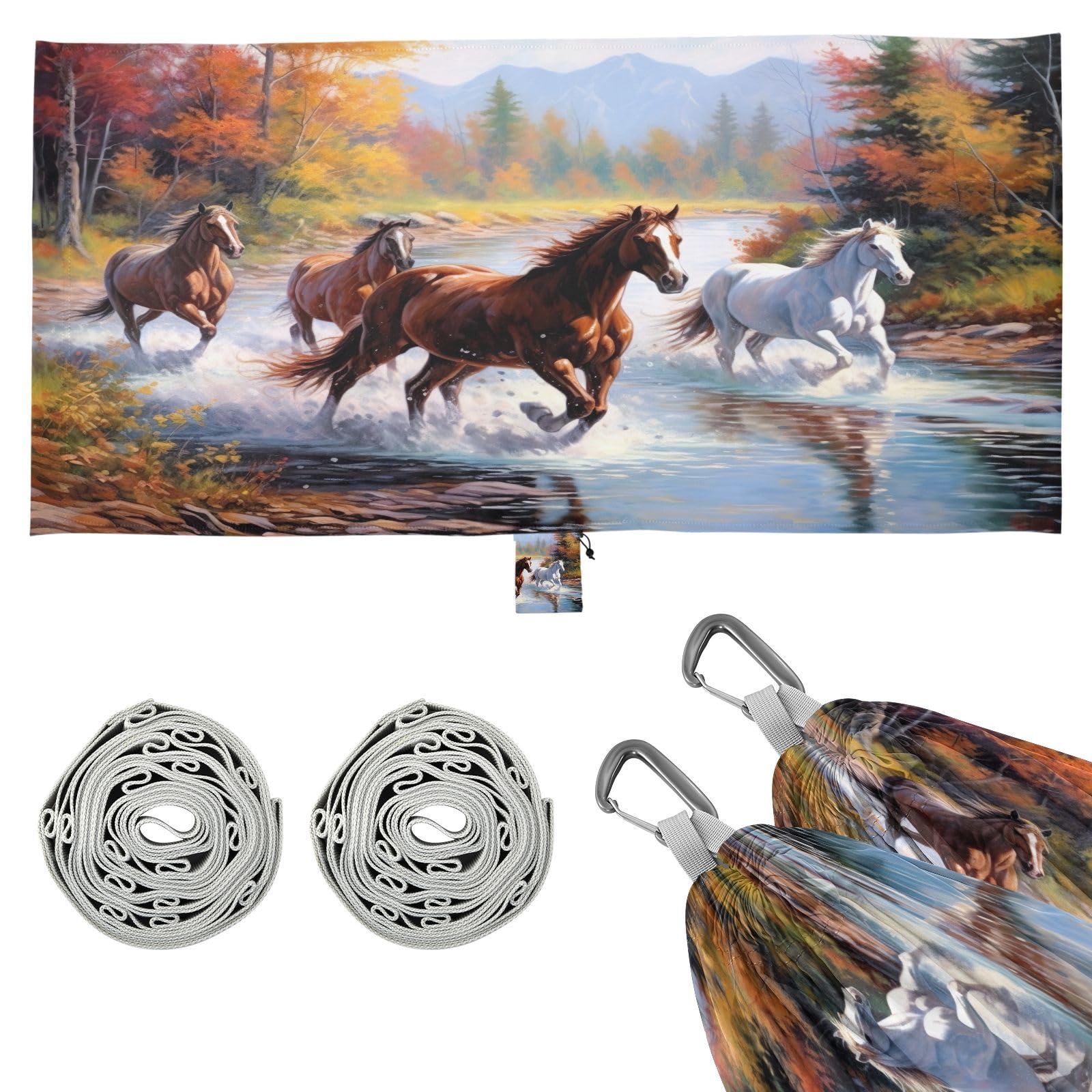 SDMKA Running Horses Painting Camping Hammock, 330 lbs with 2 Tree Straps, Carry Bag, Single Portable Hammock for Outdoor/Indoor, Hiking, Beach, Backpacking, Travel