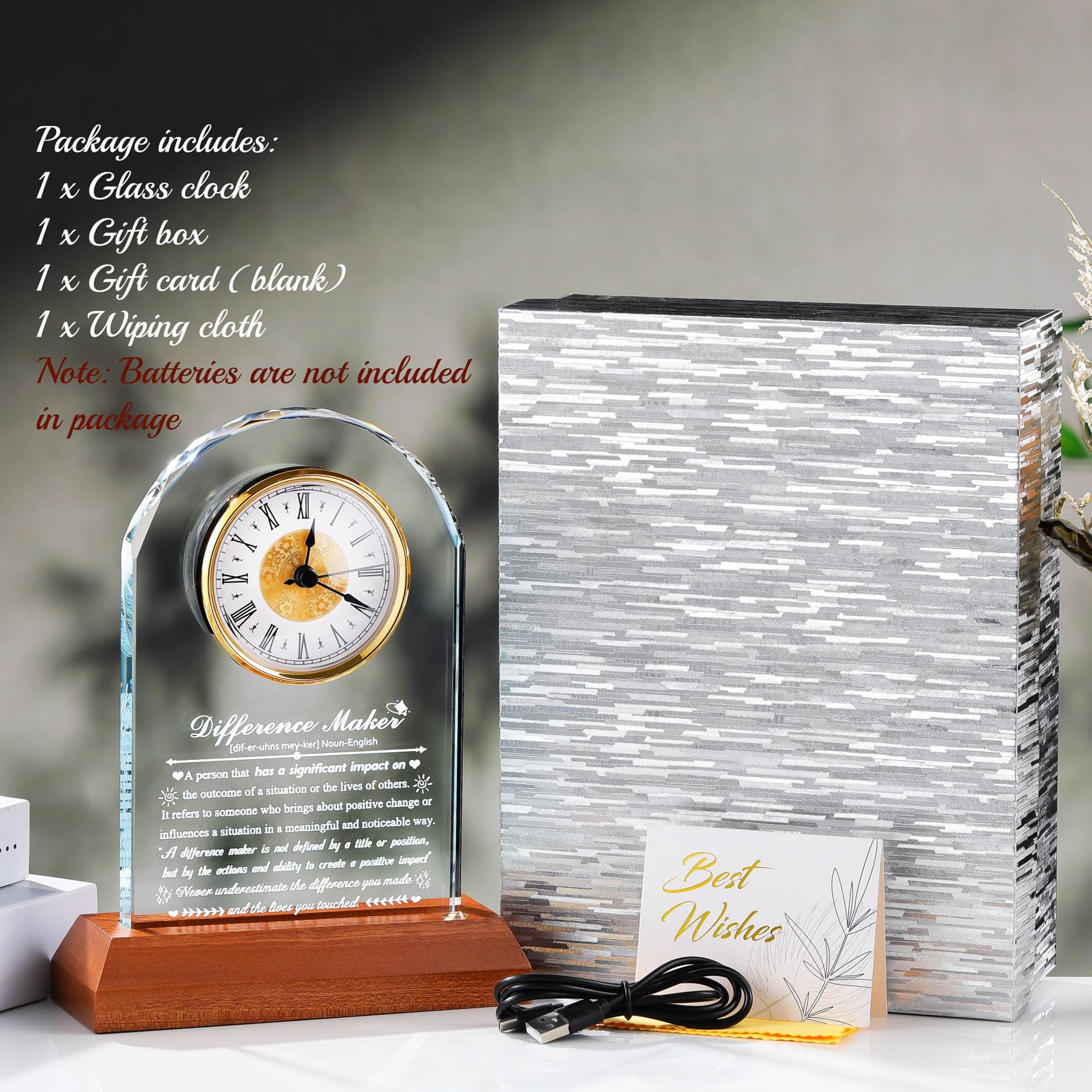 Arikyrist Reloj de cristal con base de madera, agradecimiento, agradecimiento, jubilación, regalos motivacionales para compañeros de trabajo, empleados, líderes, decoración de escritorio de oficina