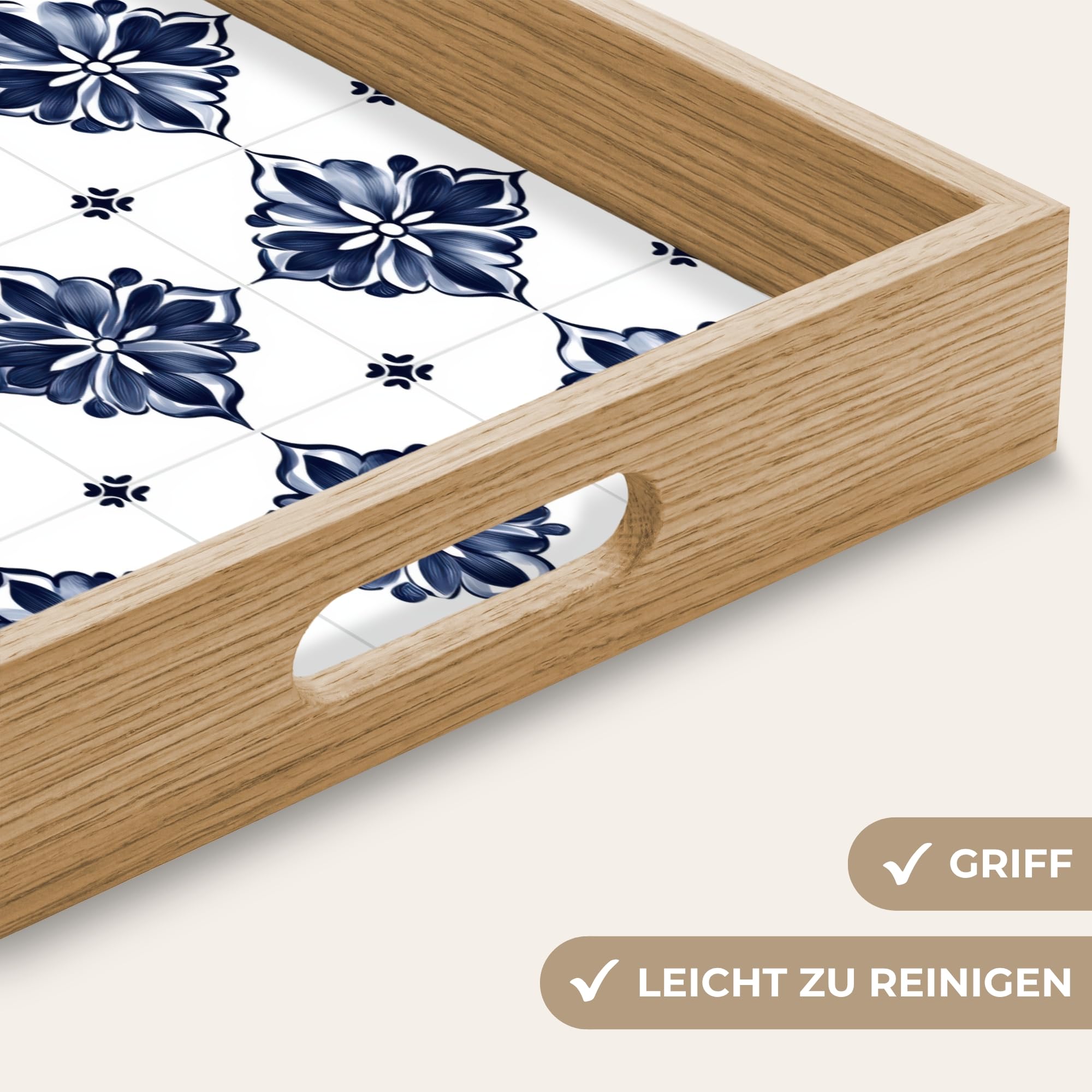 Serviertablett Rechteckig 50x35 cm Servierplatte Eiche Holz Tablett Mit Henkel Tray Kratzfest Kaffeetablett Tabletts Teetablett Kachelmotiv - Blau - Weiß - Blume
