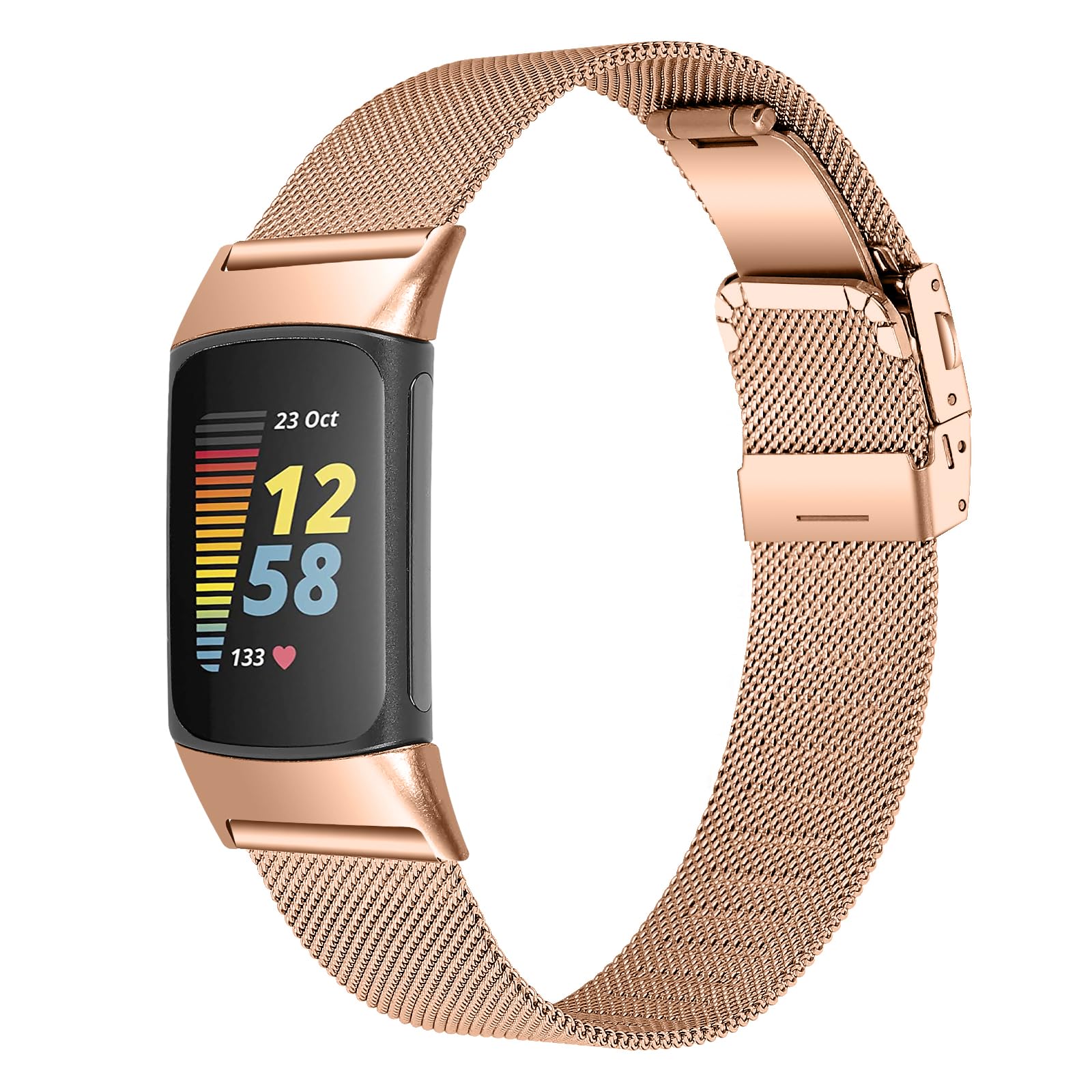 Gimuk Straps Compatible with Fitbit Charge 6/5 for Women Men, Adjustable Metal Mesh Loop Stainless Steel Replacement Watch Band Wristband (Rose Gold)