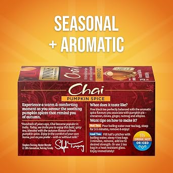 Twinings Pumpkin Spice Chai Black Tea Individually Wrapped Bags, 20 Count (Pack of 1), Warm, Spicy & Aromatic, Caffeinated, Enjoy Hot or Iced, 20 Teabags