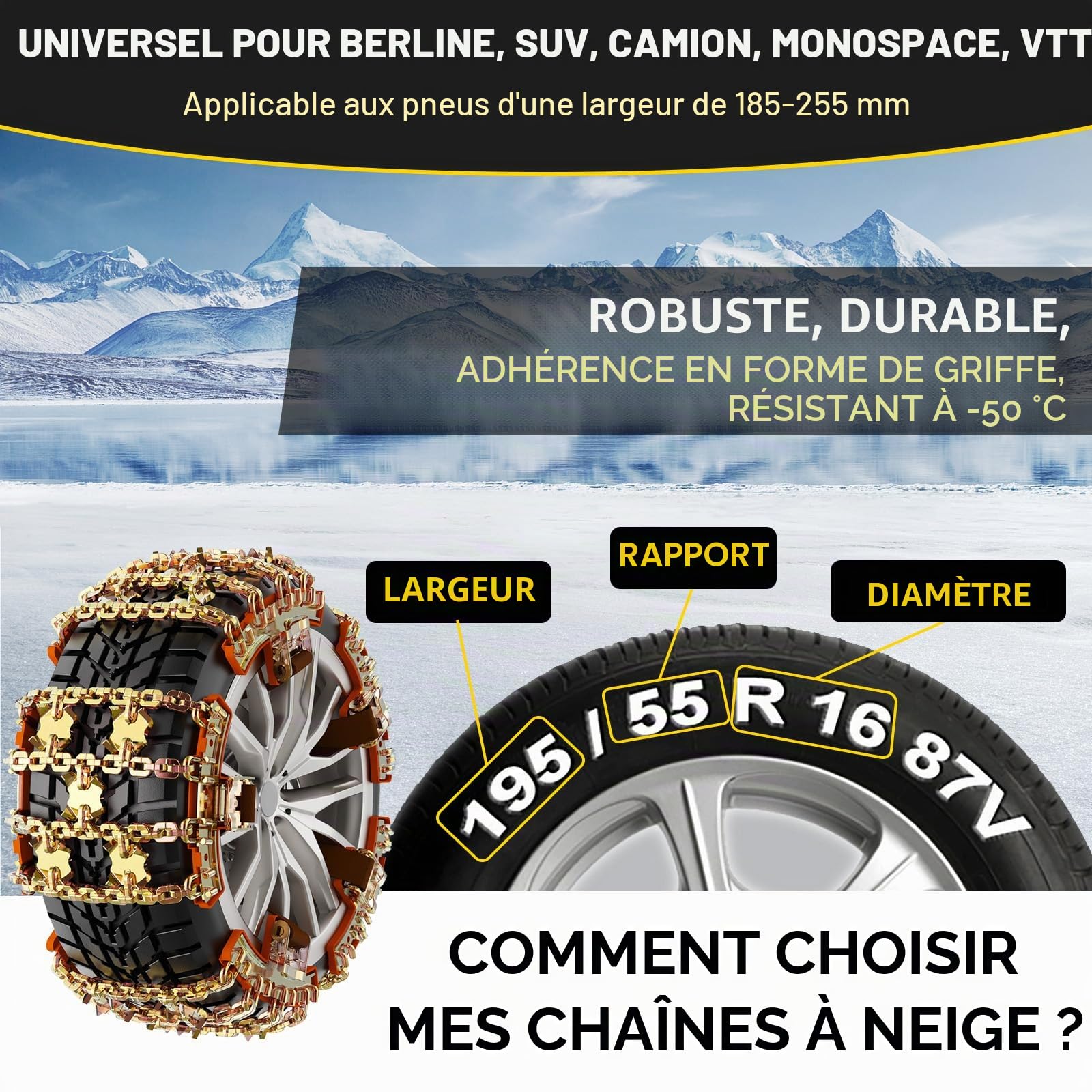 Lot de 6 chaînes à neige en fer avec gants pour tous les types de véhicules - Traction améliorée avec boucles en métal - Boucle à engrenage automatique - 185 mm - 245 mm