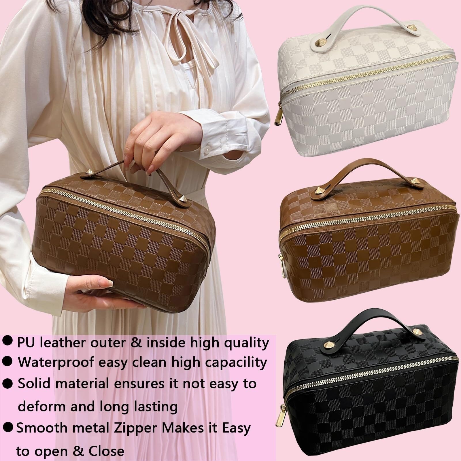 Kosmetiktasche Damen Kosmetiktasche Damen PU-Leder Kosmetiktasche Reise-Kulturbeutel mit Grifffach Kulturbeutel(Brown)