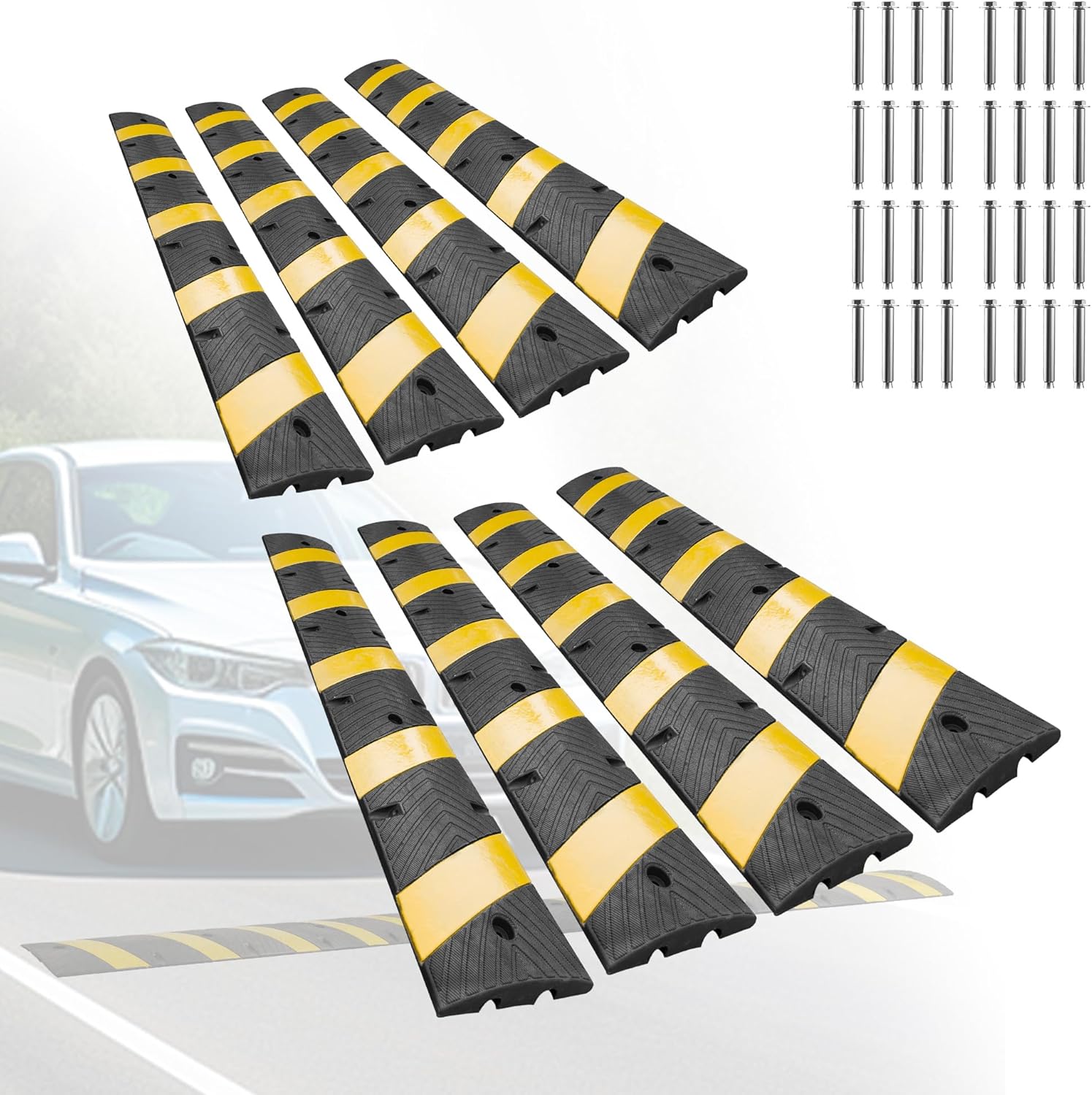72" Rubber Speed Bump,8 Pack Heavy Duty Speed Bump Cable Protector Ramp for Driveway, Road Parking, Garage, Parking Lot, Warehouse