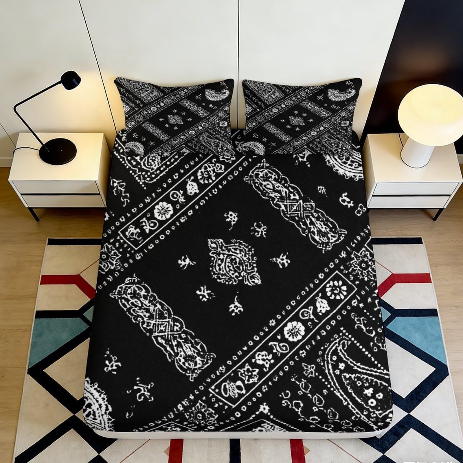3D Printed Black Bandana Pattern Fitted Sheet Microfiber Modern Paisley Mattress Cover for Bedroom Dorm Easy Care 90x200x25cm