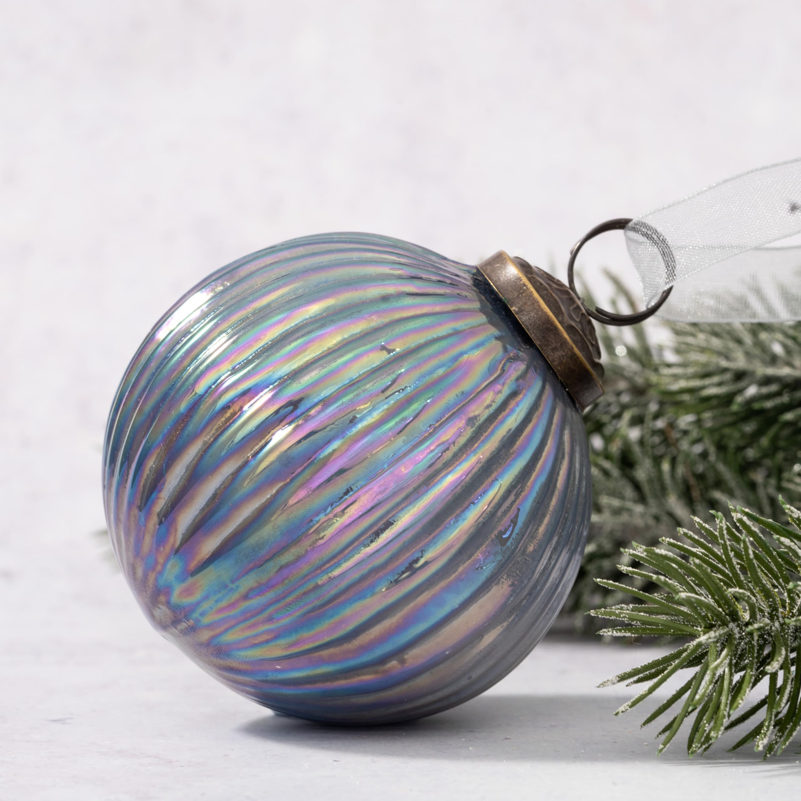 Arthur Cameron Slate Rainbow Rib Glass Christmas Bauble | Hanging Xmas Tree Decoration Ornament (3", )