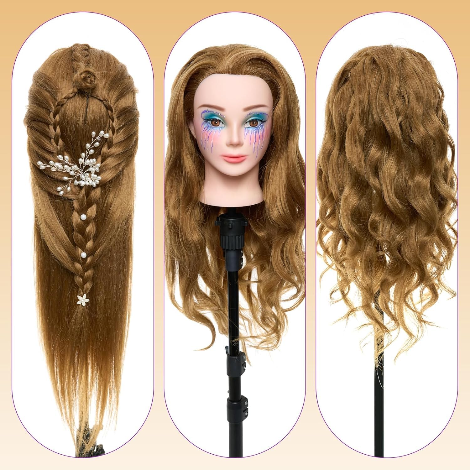 Neverland 24 Zoll Schminkkopf Frisierkopf mit Ständer 80% Echthaar Übungskopf Trainingsköpfe Friseurkopf mit Halter + Hair Styling Braid Set