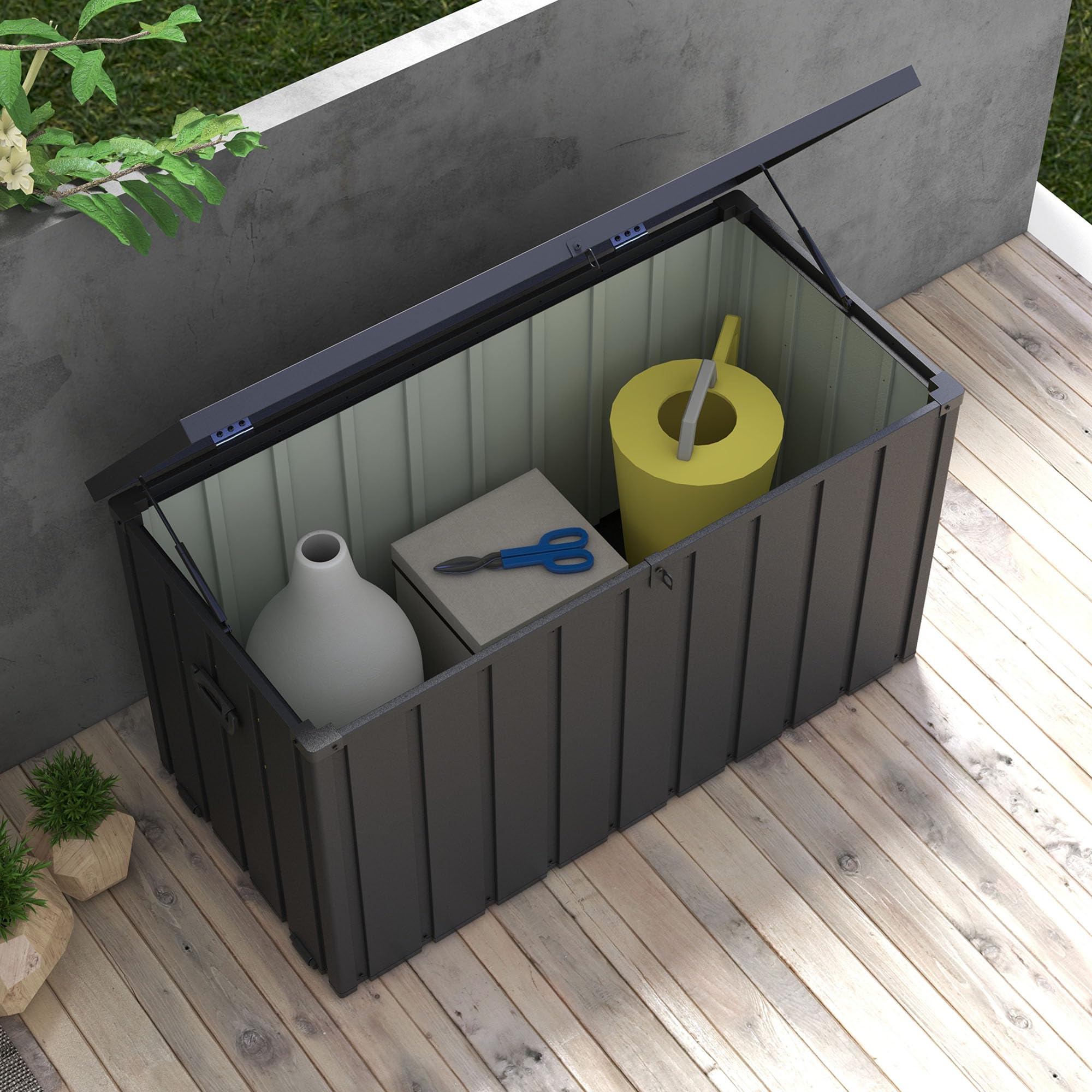 Outsunny Panca Contenitore da 450L con 4 Rotelle, Acciaio e PP, 125.5x61.5x70 cm, Grigio Scuro