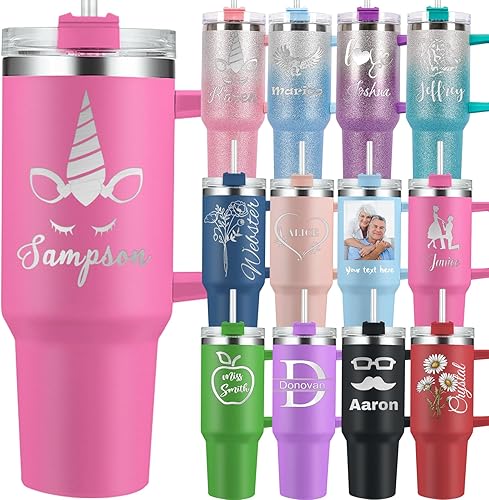 Vaso personalizado con asa de 40 onzas con nombre grabado personalizado con tapa y pajita, taza de café de acero inoxidable aislada personalizada,