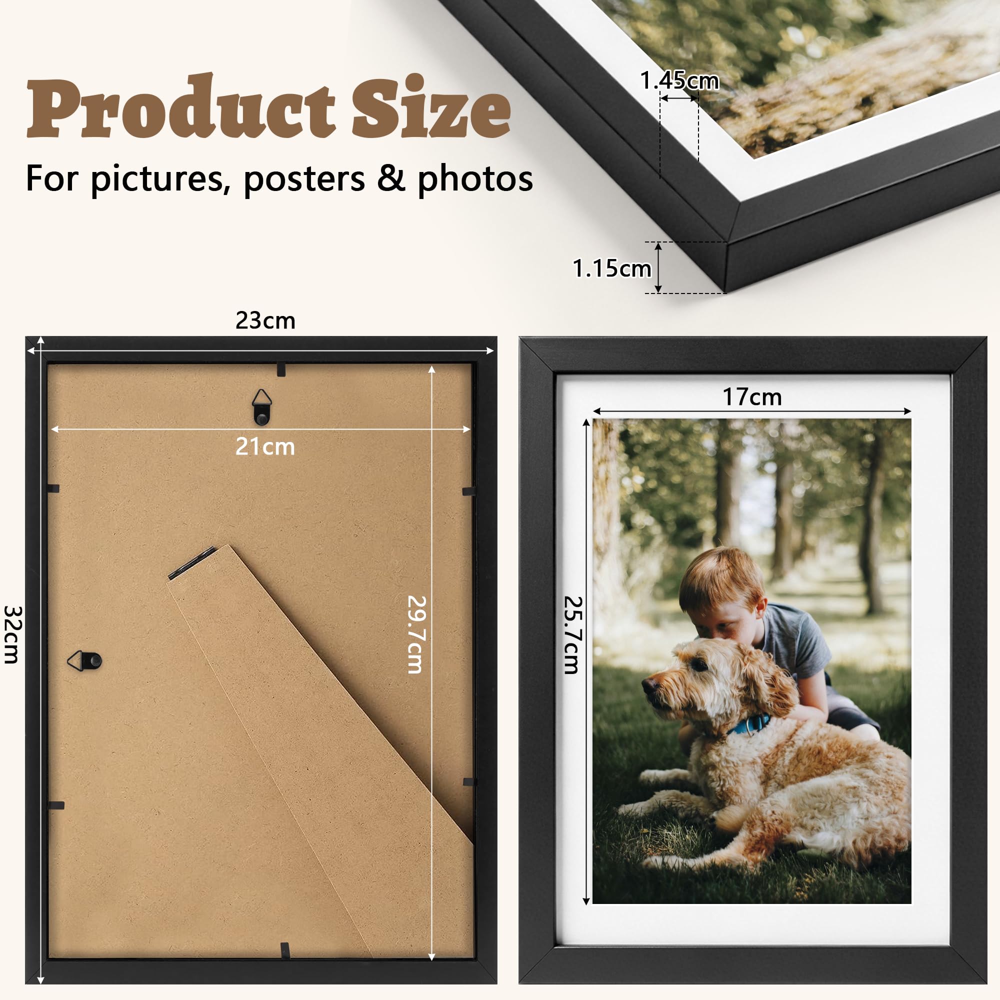 Set de 2 Marcos de Fotos A4 Negros 29,7x21 cm, Marco para certificado, Marco de Foto de Mesa y Pared, en MDF y Acrílico Irrompible para Certificados, Diplomas, Decoración Casa y Oficina